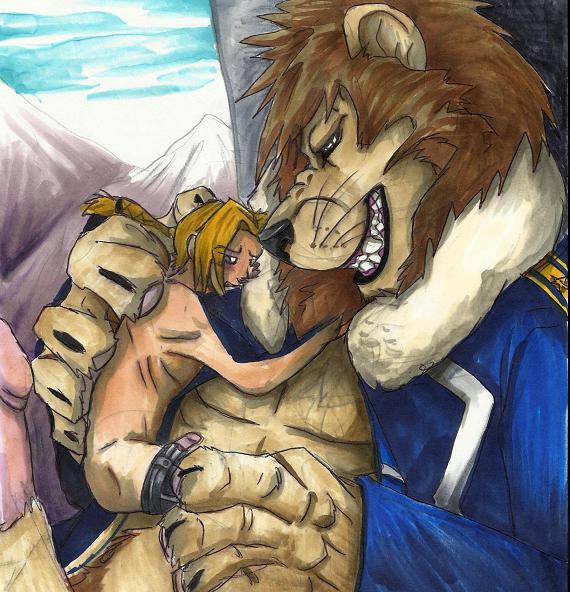 anthro clothes color day edward_elric fullmetal_alchemist fur furry heinkel human humansub lion male male_only multiple_males nude outdoors side_view size_difference tagme yaoi