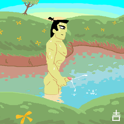 1boy bathing black_hair cumshot erection flowers holding_penis male_only masturbation nude pond reflection samurai_jack samurai_jack_(character) side_view sunrise sweat tagme tied_hair tree water yoshi_(artist)