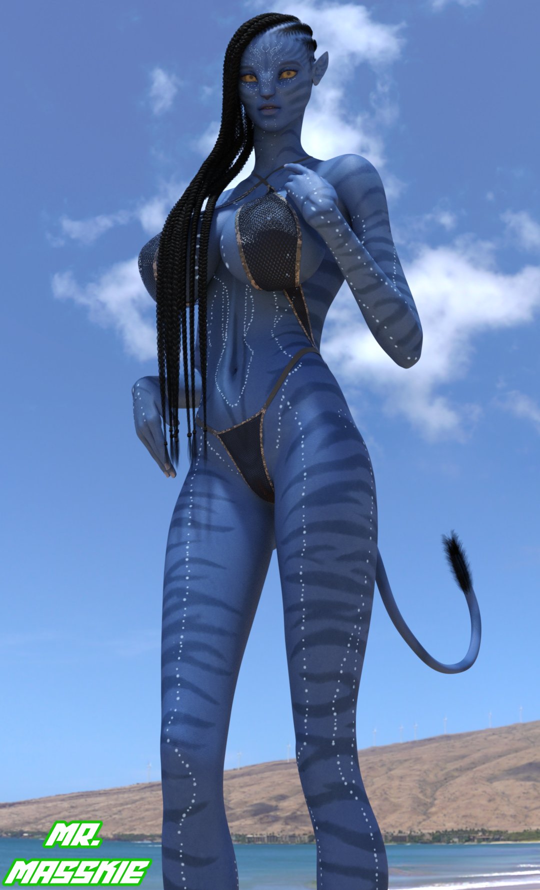 1girls, alien, alien girl, alien only, athletic, athletic female, avatar, beach, bikini, bioluminescence, blue body, blue skin, blue-skinned female, female, humanoid, long hair, looking down at viewer, mrmasskie, na'vi, solo, tribal