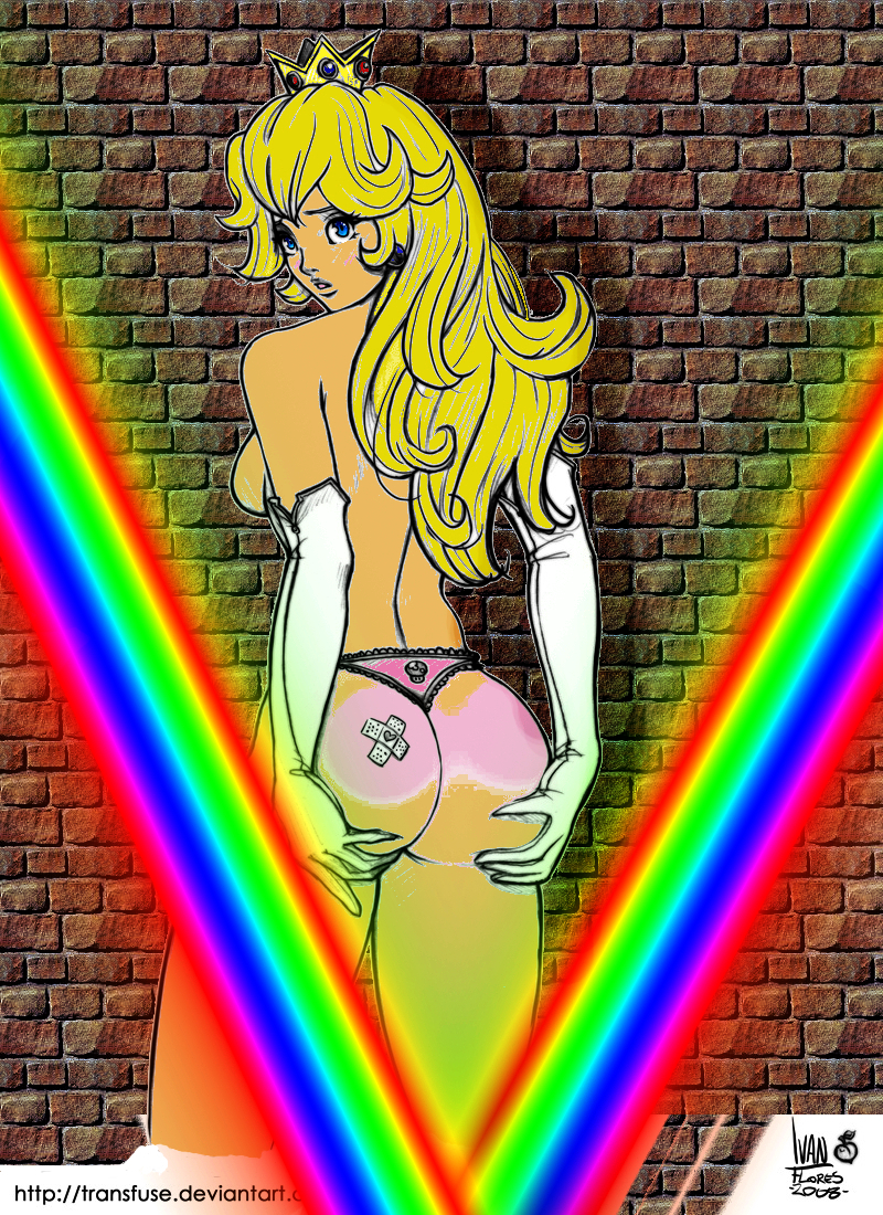 ass back_view color crown ear_piercing female female_only hair human ivan_flores long_hair looking_back mario_(series) nintendo piercing princess_peach solo tagme topless