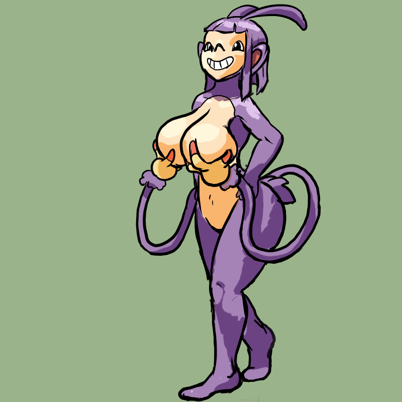 00s 2008 ambipom anthro breast_grab breasts colored female female_only fur furry nintendo nude oniontrain pokemon pokemon_(species) pokemon_dppt purple_fur solo standing tagme tail_hand