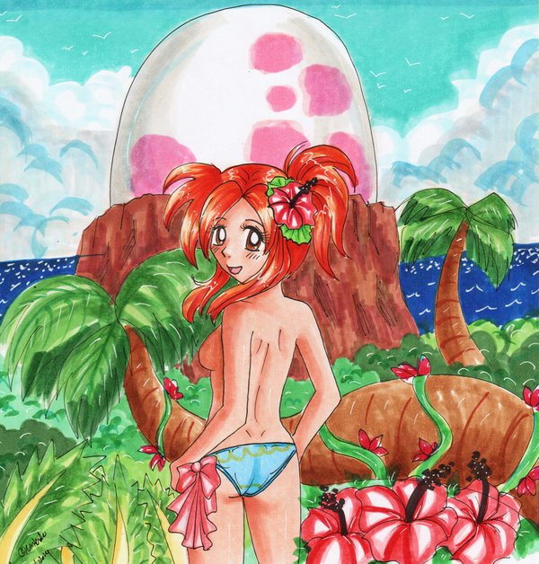 1girls ass breasts female link's_awakening marin panties pineapplelicious ponytail red_eyes red_hair solo straight_hair the_legend_of_zelda tied_hair topless