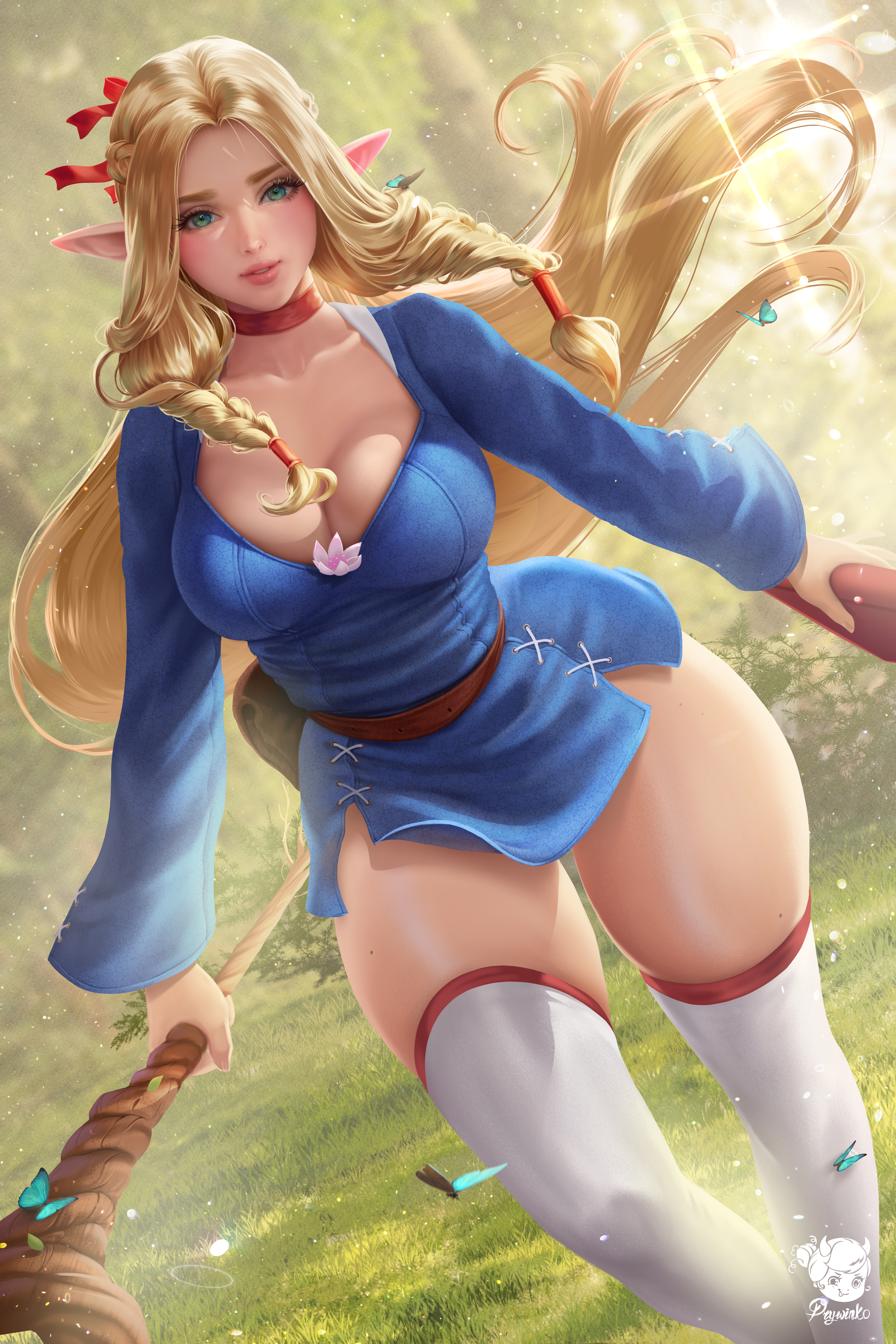 1girls, absurd res, absurdres, bare hips, big breasts, big thighs, blonde hair, blue clothes, blue clothing, blue dress, breasts, busty, butterfly, child bearing hips, choker, cleavage, clothed, clothed female, clothing, dress, dungeon meshi, elf, elf ears, elf female, extremely high resolution, female, female only, grass, green eyes, high resolution, highres, hips, holding staff, huge filesize, large breasts, large filesize, light skin, light-skinned female, long hair, marcille donato, outdoors, pointy ears, prywinko, red choker, solo, staff, thick, thick female, thick hips, thick thighs, thighhighs, thighs, very high resolution, white thighhighs, wide hips