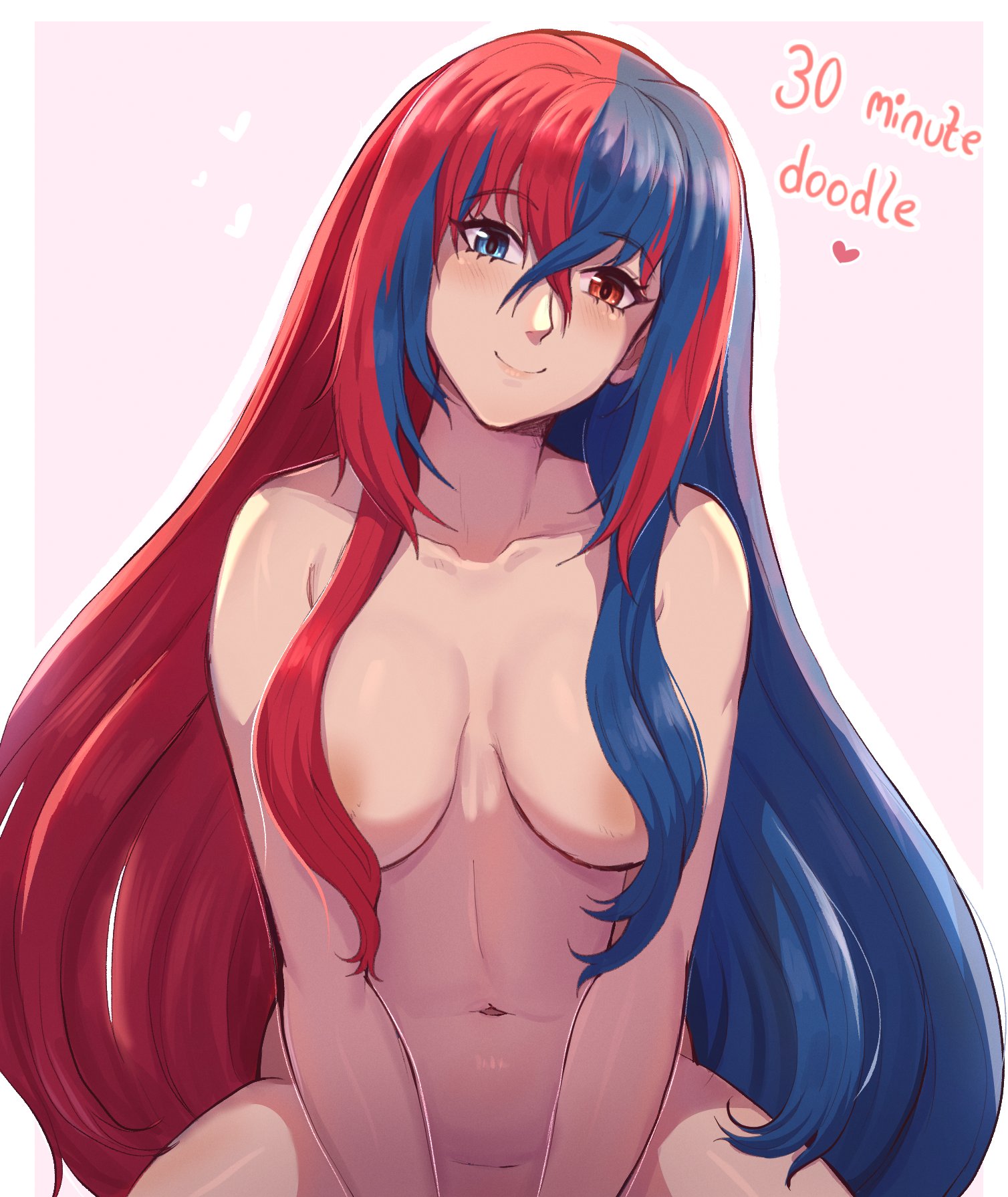 1girls, alear (fire emblem), alear (fire emblem) (female), areola slip, bangs, blue eyes, blue hair, blush, breasts, completely nude, convenient censoring, crossed bangs, evomanaphy, female, female only, fire emblem, fire emblem engage, hair censor, hair covering nipples, hair over breasts, heterochromia, highres, long hair, looking at viewer, medium breasts, multicolored hair, navel, nintendo, nude, nude female, red eyes, red hair, smile, solo, split-color hair, two-tone hair, very long hair