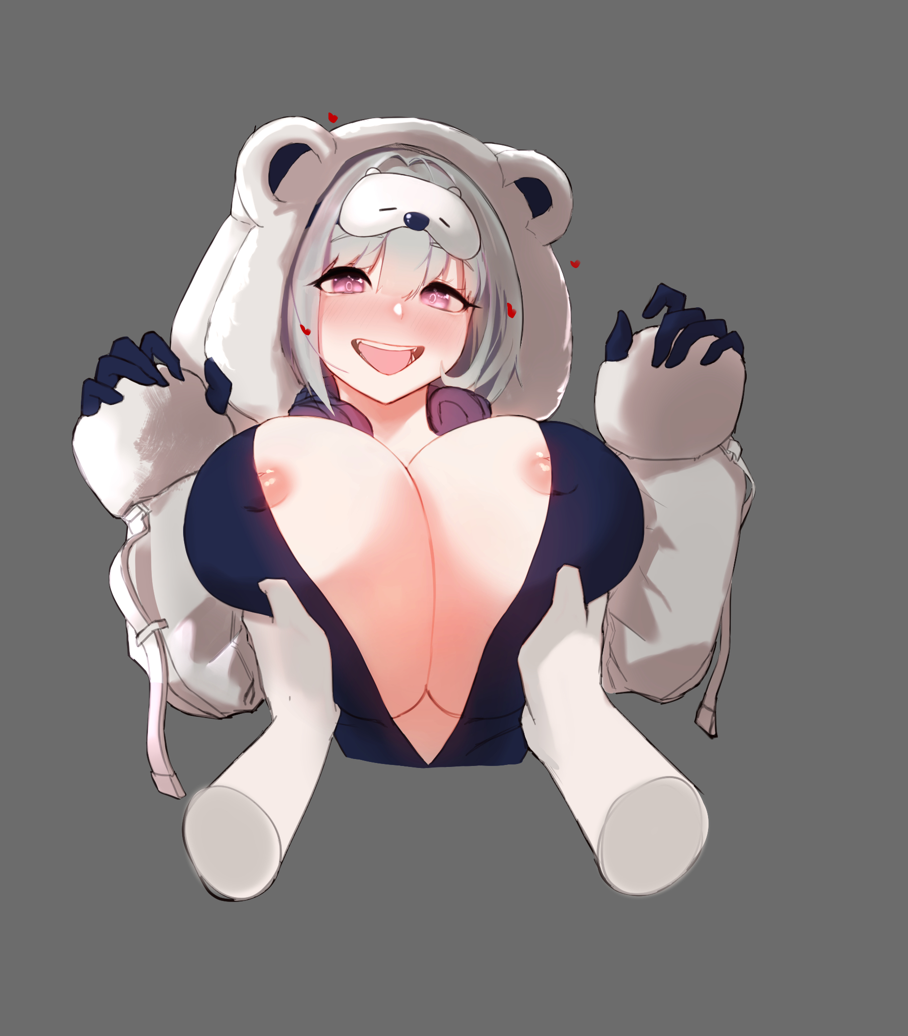 1girls, animal costume, areola slip, areolae, blue bodysuit, blush, bodysuit, breast grab, breasts, cleavage, coat, disembodied hand, dress, female, gloves, goddess of victory: nikke, grabbing, heart, hood, large breasts, medium hair, neve (nikke), no bra, open mouth, pov, pov hands, purple eyes, sleep mask, smile, teeth, white hair
