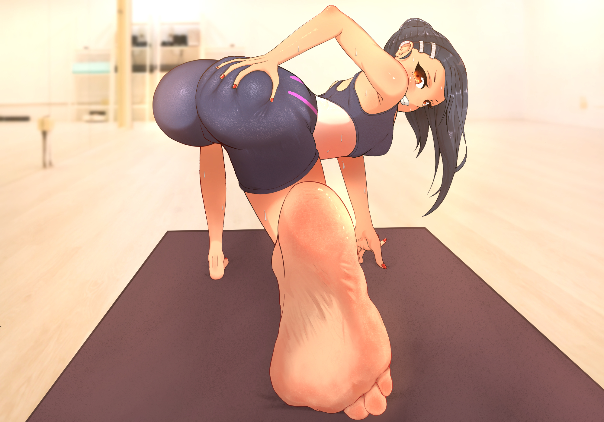 1girls, ass, big ass, black hair, blush, breasts, brown eyes, clothed, clothing, feet, female, female focus, female only, hayase nagatoro, hi res, highres, long hair, looking at viewer, looking back, matthew's car, please don't bully me, nagatoro, ponytail, pose, revealing clothes, simple background, small breasts, smile, solo, sports bra, sportswear, tan, tan body, tan skin, tan-skinned female, tanned, tanned female