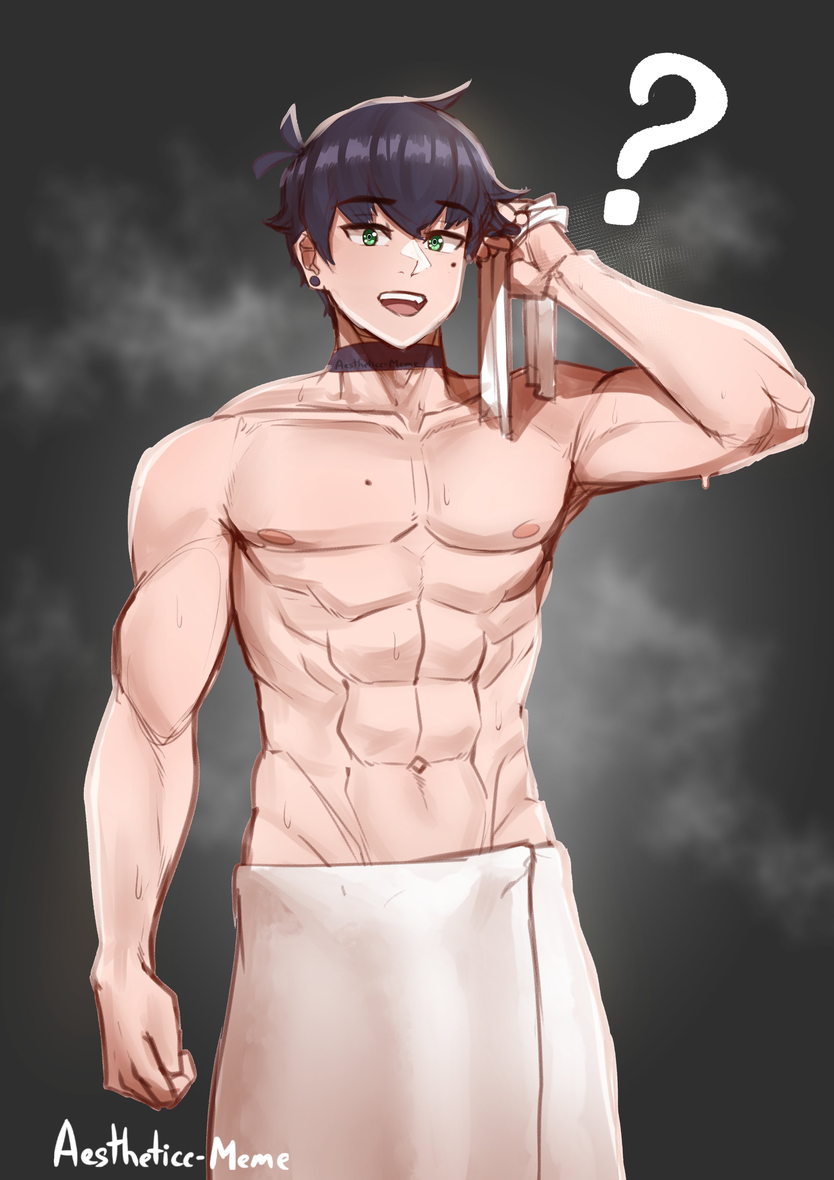 1boy, abs, aestheticc-meme, alex/tomboy-chan, arms up, genderswap, genderswap (ftm), male, male only, muscular, muscular male, nipples, original, rule 63, short hair, small nose, smile, smiling, solo, solo focus, solo male, sweat, towel, towel around waist, towel only, twink