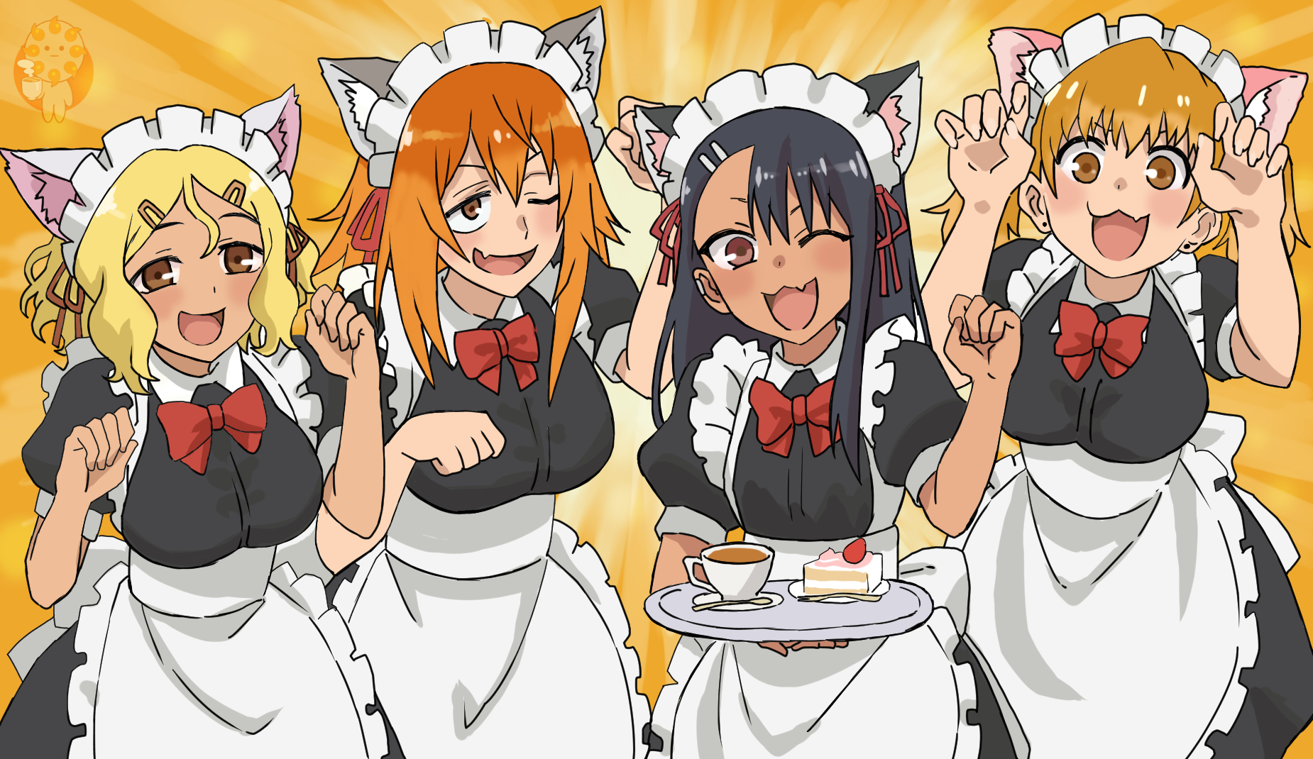 4girls, big breasts, black hair, blonde hair, blush, breasts, brown eyes, cat ears, cat girl, catgirl, clothed, clothing, coco a sunshine, curvy, fangs, female, female focus, female only, gamo-chan, hayase nagatoro, hi res, highres, long hair, looking at viewer, maid, multiple females, multiple girls, open mouth, orange eyes, orange hair, please don't bully me, nagatoro, pose, revealing clothes, sakura (nagatoro), simple background, small breasts, tan, tan body, tan skin, tan-skinned female, tanned, tanned female, twintails, wide hips, wink, yoshi (nagatoro)