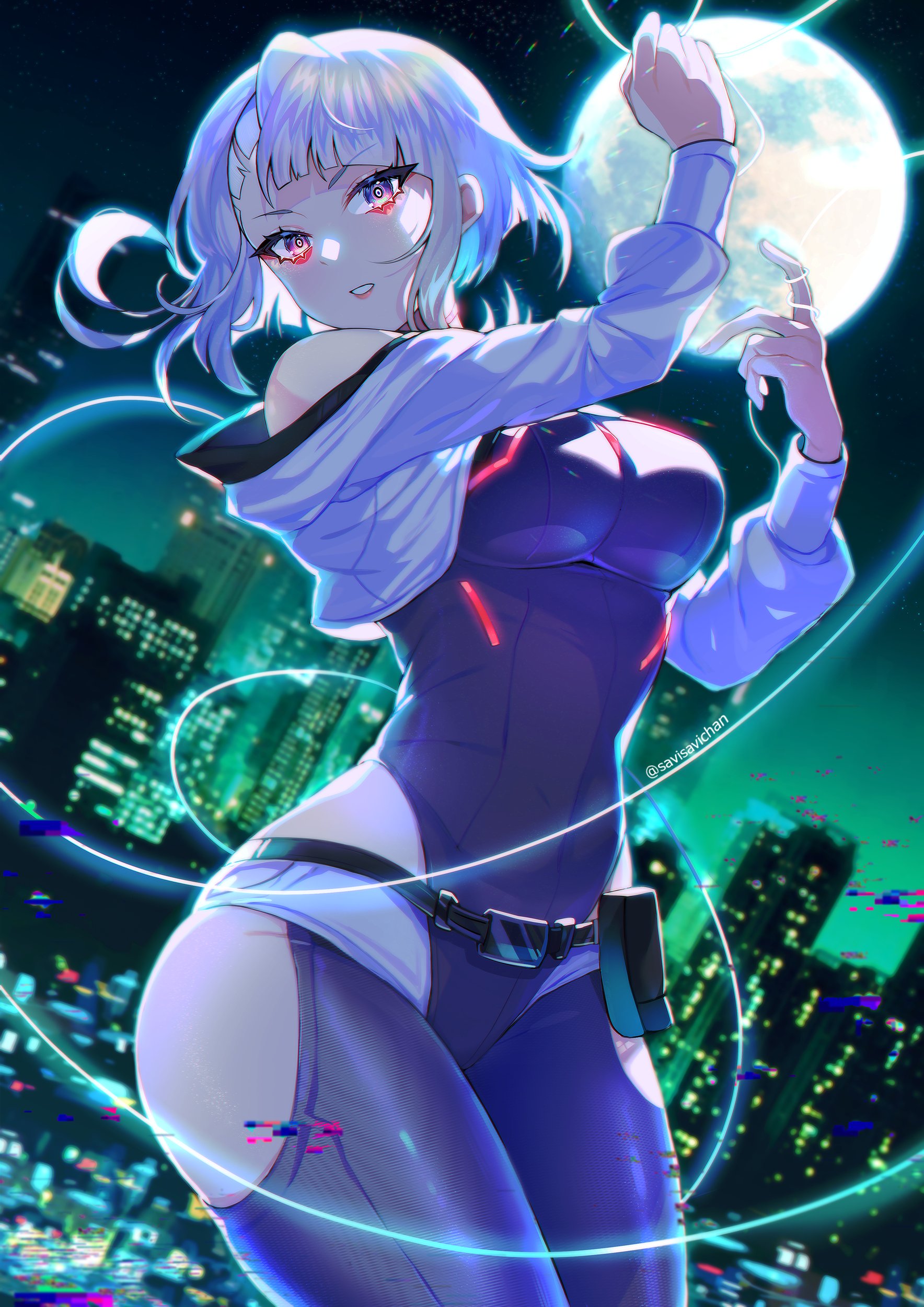 1girls, ass, big ass, big breasts, breasts, cd projekt red, clothed, clothing, cyberpunk 2077, cyberpunk: edgerunners, digital media (artwork), female, female only, fully clothed, latex, leotard, light skin, light-skinned female, lucyna kushinada, monowire, savisavichan, studio trigger, thick thighs, tight clothing