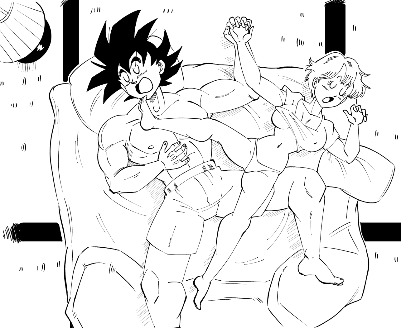 1boy, 1girls, alternate universe, big breasts, boxers (clothing), breasts, bulma briefs, dragon ball, female, funsexydragonball, hardcore sex, male, muscular, muscular male, panties, saiyan, sleeping, son goku, straight hair, wholesome
