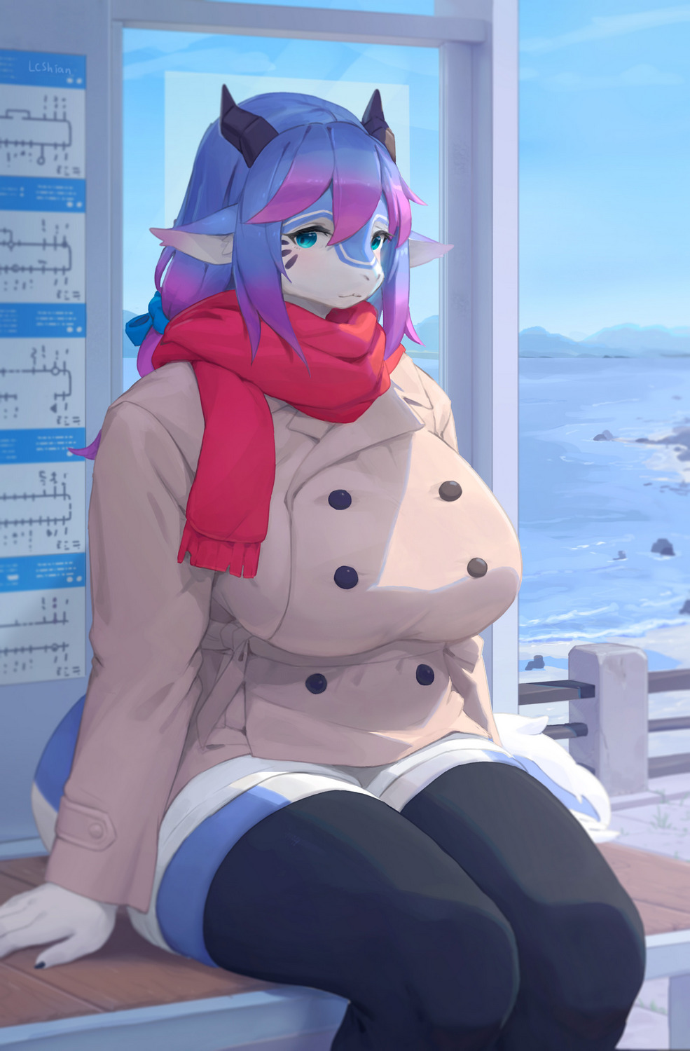 1girls anthro bench big_breasts black_legwear blue_eyes bottomwear breasts bus_stop clothed clothing dragon female female_only fully_clothed hair hi_res huge_breasts kemono lanya_(lcshian) lcshian legwear looking_at_viewer mountain multicolored_hair outside red_scarf safe scarf shaded sitting solo topwear water wingless_dragon