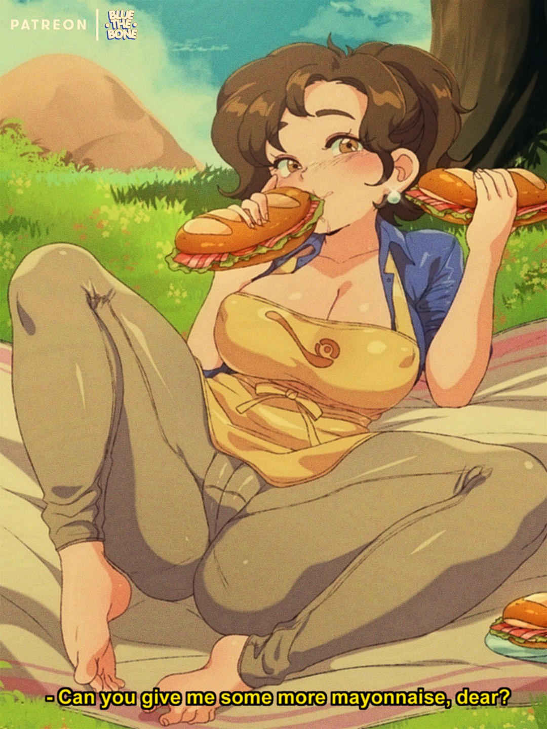 barefoot blanket bluethebone blush brown_eyes brown_hair cameltoe cleavage creatures_(company) earrings eating female food game_freak implied_incest incest large_breasts mature_female milf mother_(pokemon_sv) nintendo outdoors picnic pokemon pokemon_sv retro_artstyle sandwich sandwich_(food) subtitled