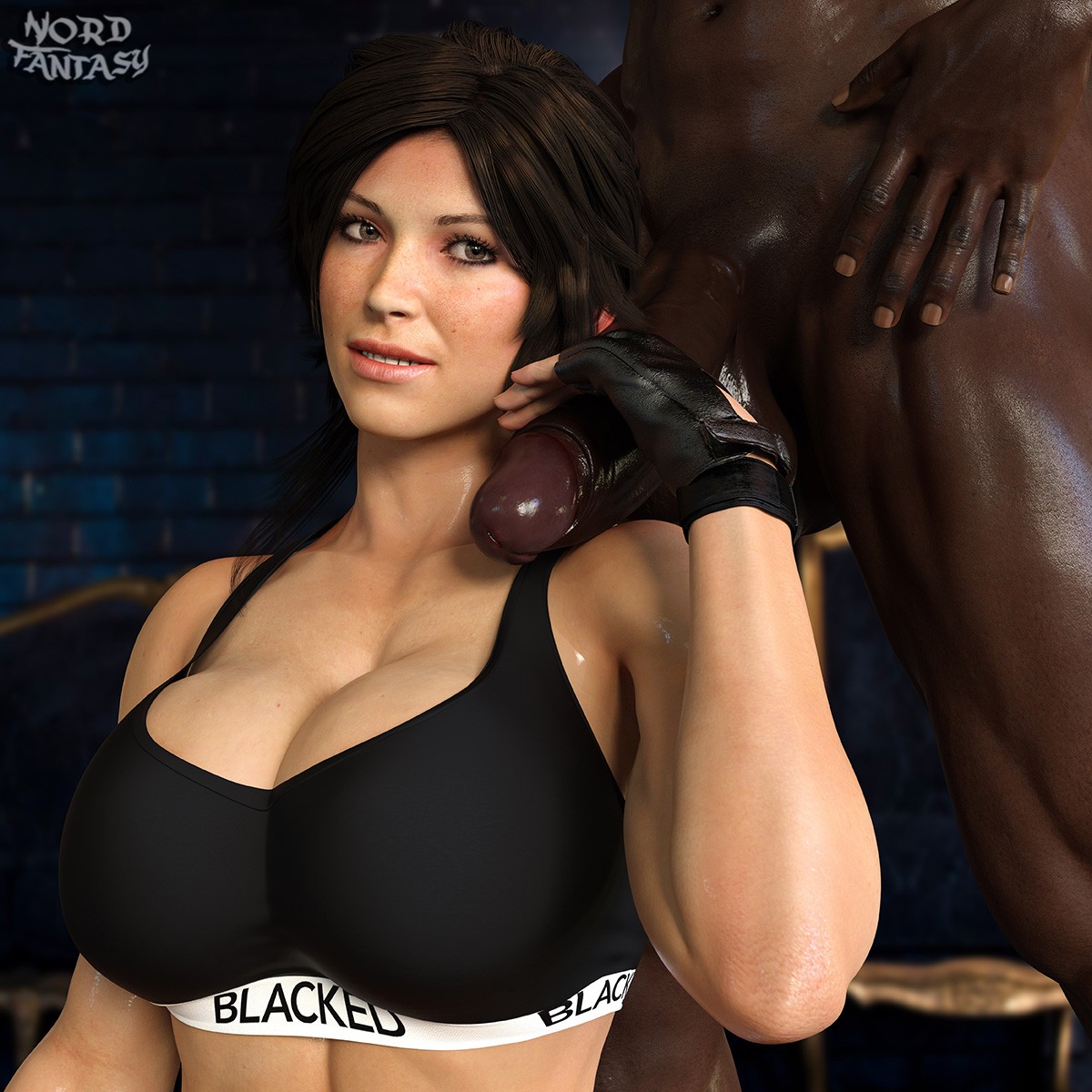 1boy, 1girls, 3d, 3d (artwork), blacked, blacked clothing, bra, breasts, busty, cleavage, dark skin, dark-skinned male, embracer group, female, female focus, interracial, lara croft, lara croft (survivor), light skin, light-skinned female, male, nordfantasy, partial male, tagme, tomb raider, tomb raider (survivor), underwear