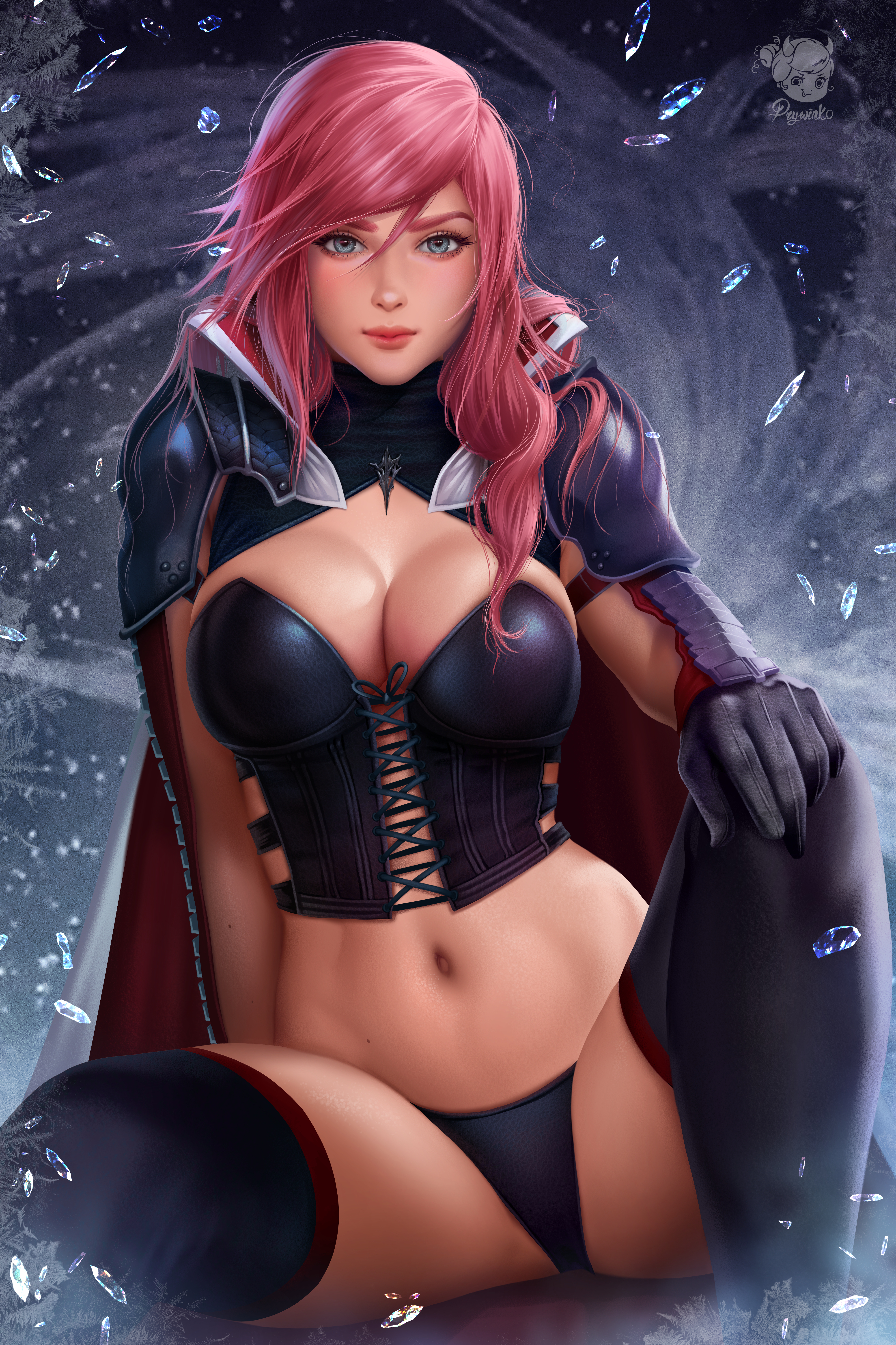 1girls, absurd res, absurdres, arm support, big breasts, black cape, black clothes, black clothing, black corset, black gloves, black panties, black thighhighs, black underwear, blue eyes, breasts, cape, cleavage, clothed, clothed female, clothing, corset, eclair farron, extremely high resolution, female, female focus, female only, final fantasy, final fantasy xiii, fit, fit female, gloves, high resolution, highres, huge filesize, large filesize, light skin, light-skinned female, long hair, looking at viewer, navel, panties, pink eyebrows, pink hair, prywinko, shoulder pads, sitting, sitting down, solo, solo female, solo focus, square enix, stomach, thick thighs, thighhighs, thighs, toned, toned female, toned stomach, underwear, very high resolution