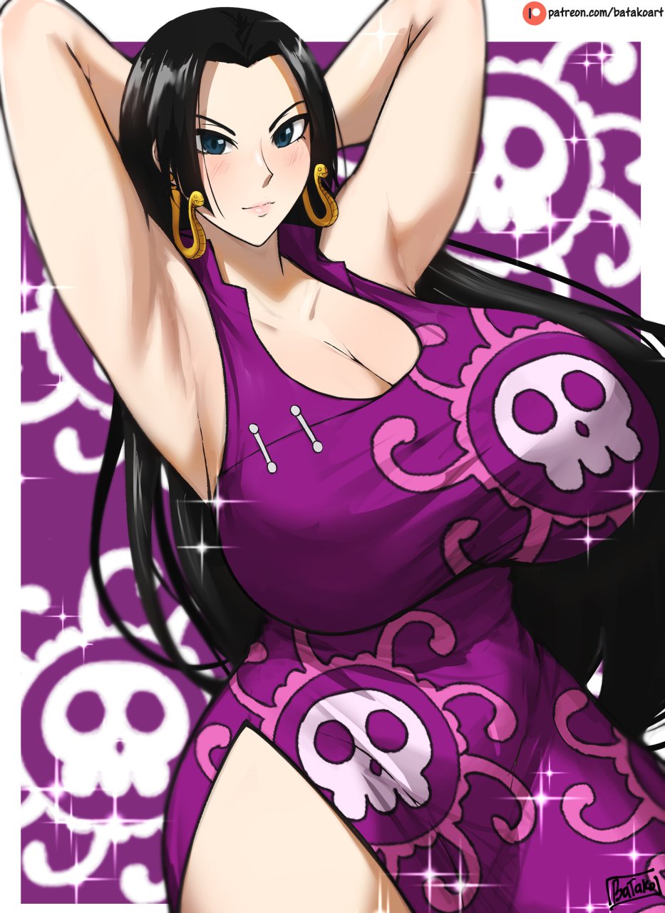1girls, armpits, arms behind head, batako, big breasts, black hair, black-haired female, boa hancock, breasts, cleavage, dress, female, female only, huge breasts, long hair, one piece, solo, straight hair