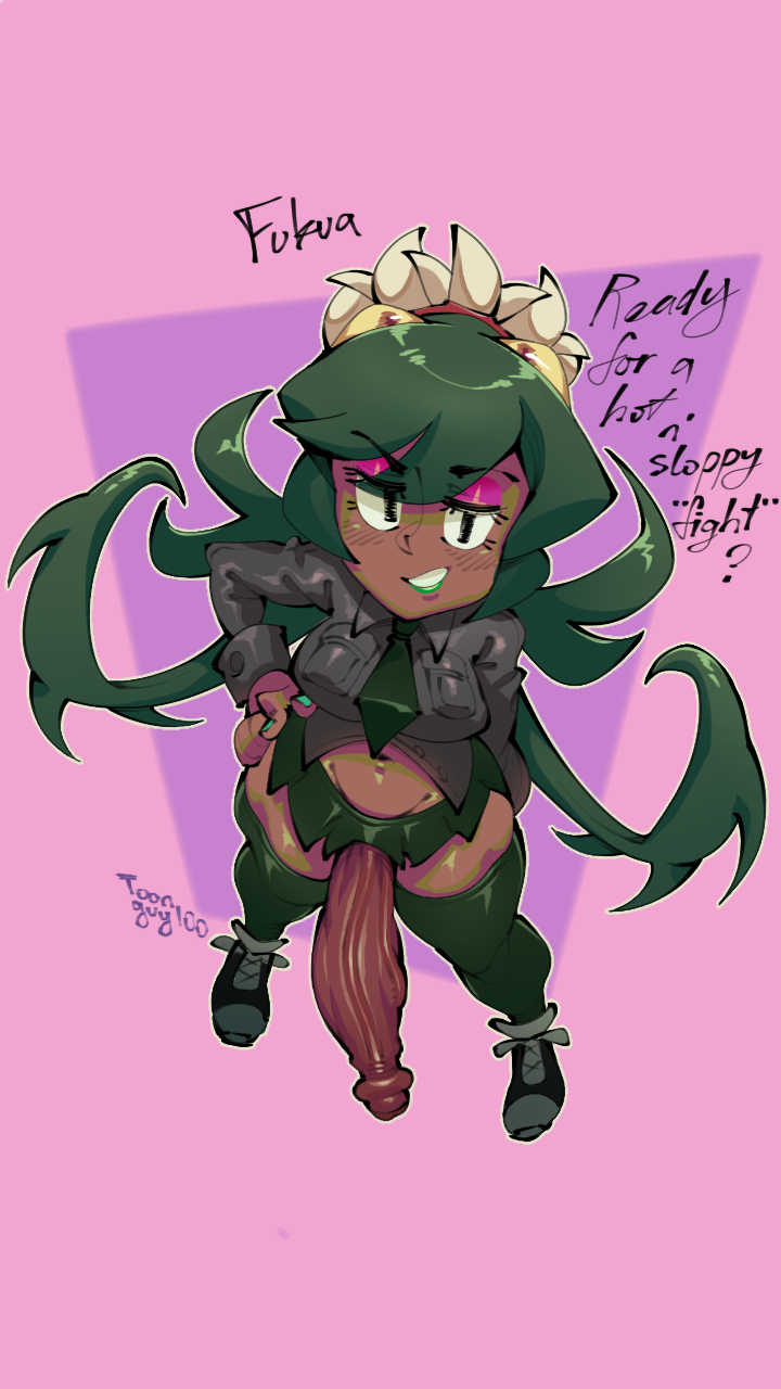 1futa 2022 balls breasts clothed clothing dark-skinned_female dark_skin dialogue english_text erection fukua_(skullgirls) futa_only futanari green_hair high-angle_view huge_cock human lipstick looking_at_viewer mostly_clothed penis self_upload skullgirls solo standing text thighhighs toonguy100