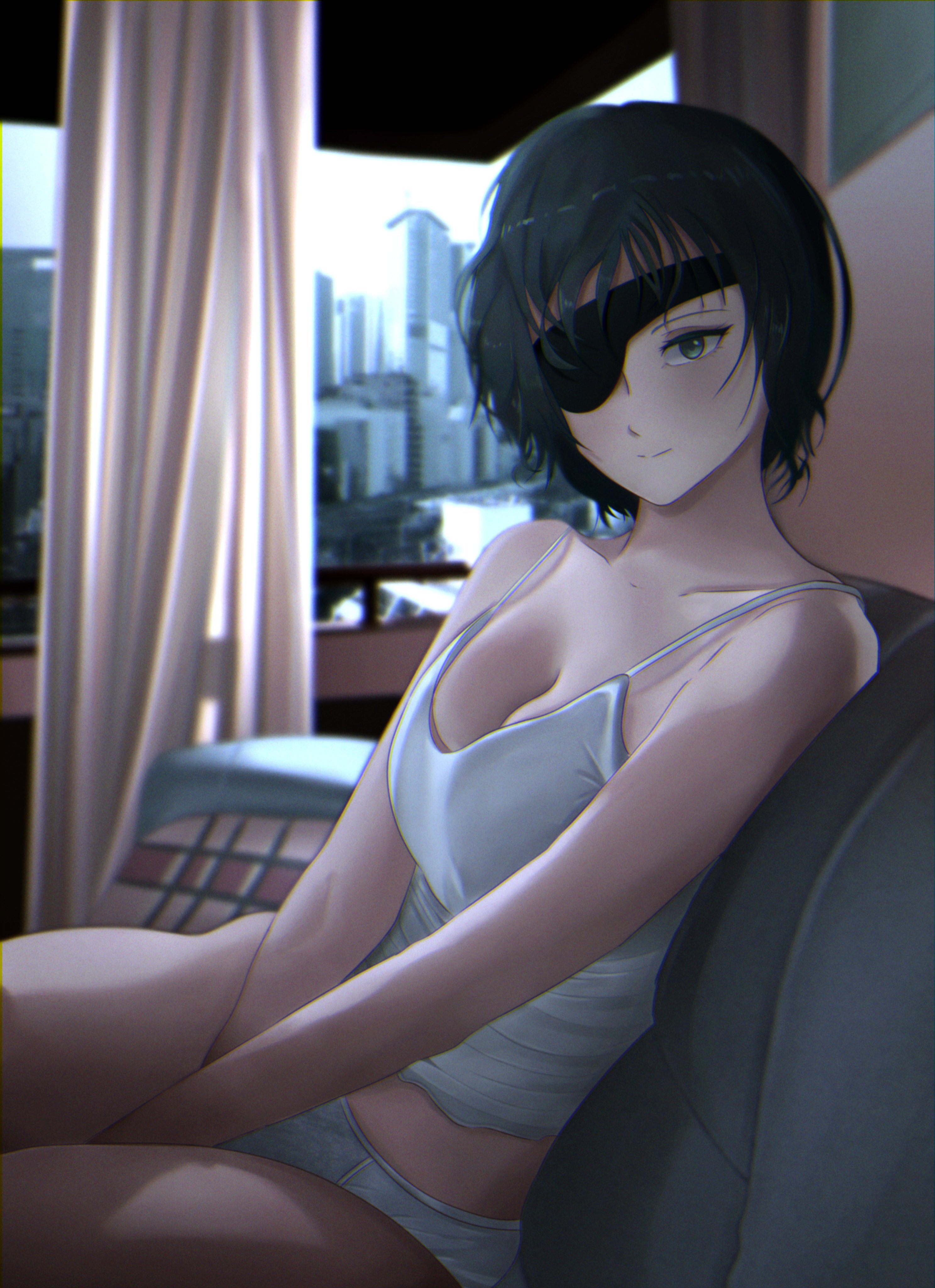 1girls, 888lula, asian female, big breasts, breasts, casual, chainsaw man, cleavage, eye patch, female, female only, himeno (chainsaw man), light skin, light-skinned female, looking at viewer, mappa, sitting, thick thighs
