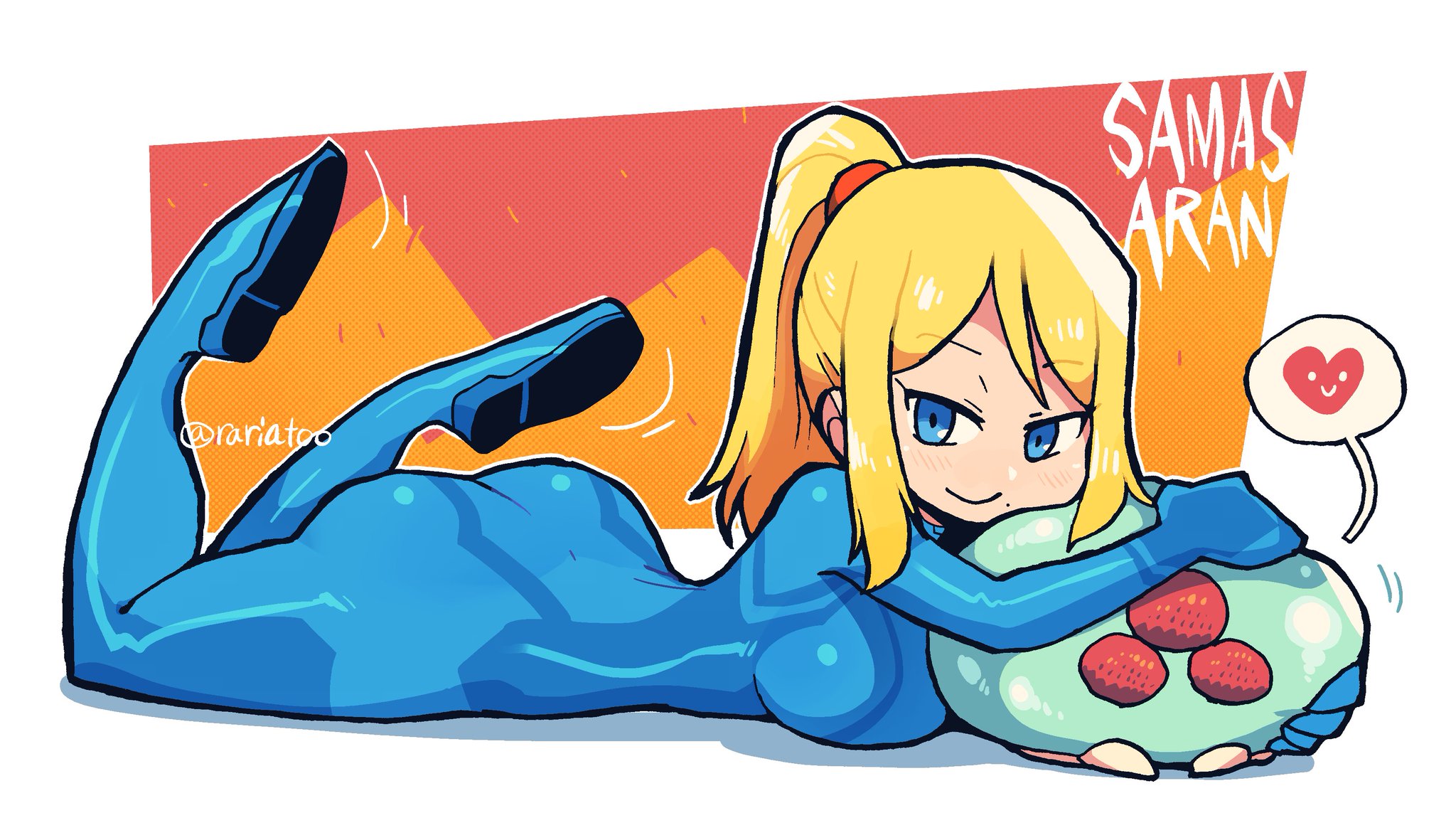 2021, alternate version at source, alternate version available, blonde hair, blue eyes, bodysuit, breasts, crap-man, female, heart, looking at viewer, lying on breasts, lying on ground, lying on stomach, metroid, metroid (creature), nintendo, ponytail, safe for work, samus aran, sfw, smile, smiling, smiling at viewer, speech bubble, zero suit, zero suit samus