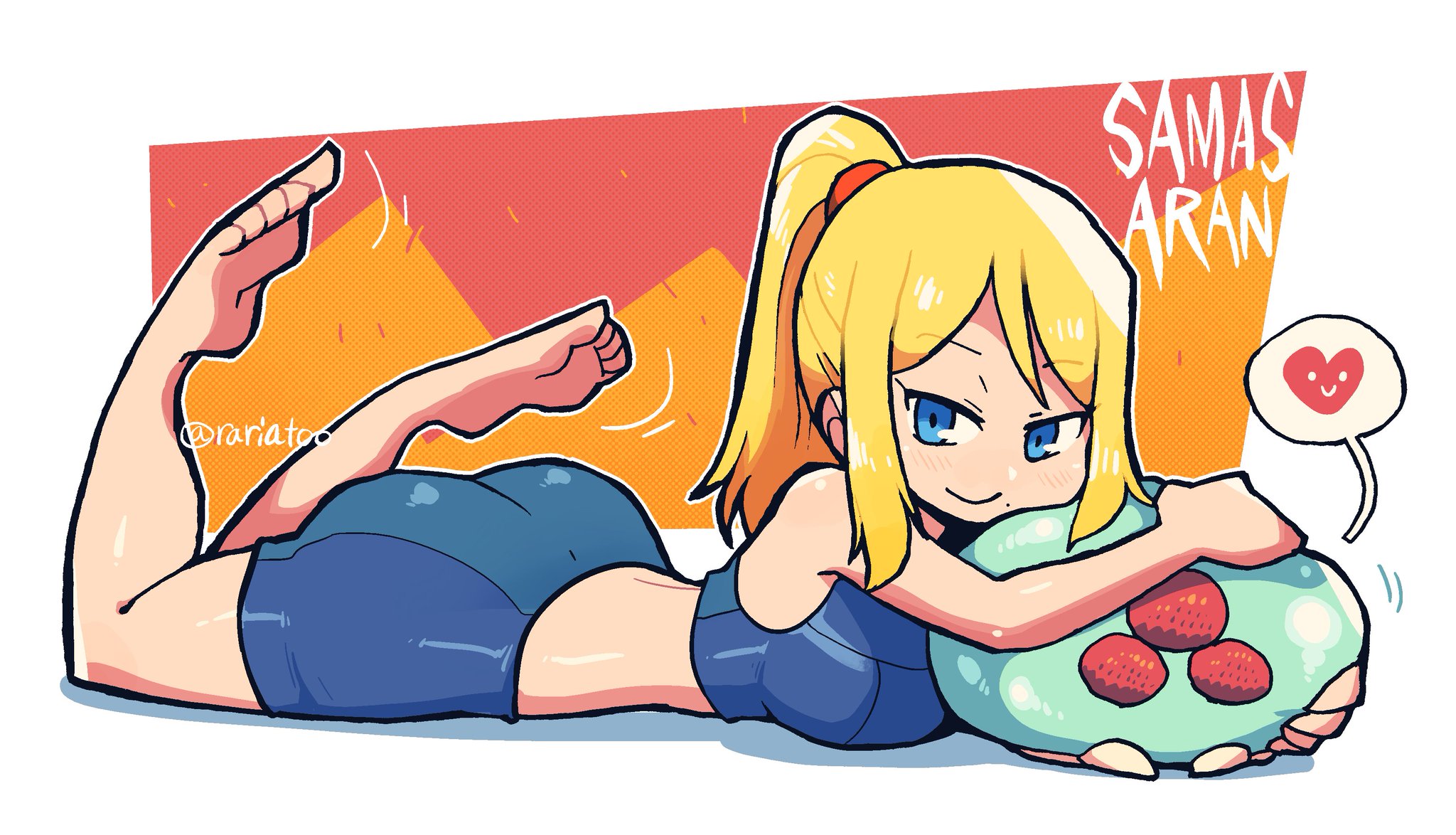 2021, alternate version at source, alternate version available, blonde hair, blue eyes, breasts, casual outfit (metroid), crap-man, female, gym clothes, heart, looking at viewer, lying on breasts, lying on stomach, metroid, metroid (creature), ponytail, samus aran, smile, smiling, smiling at viewer, speech bubble