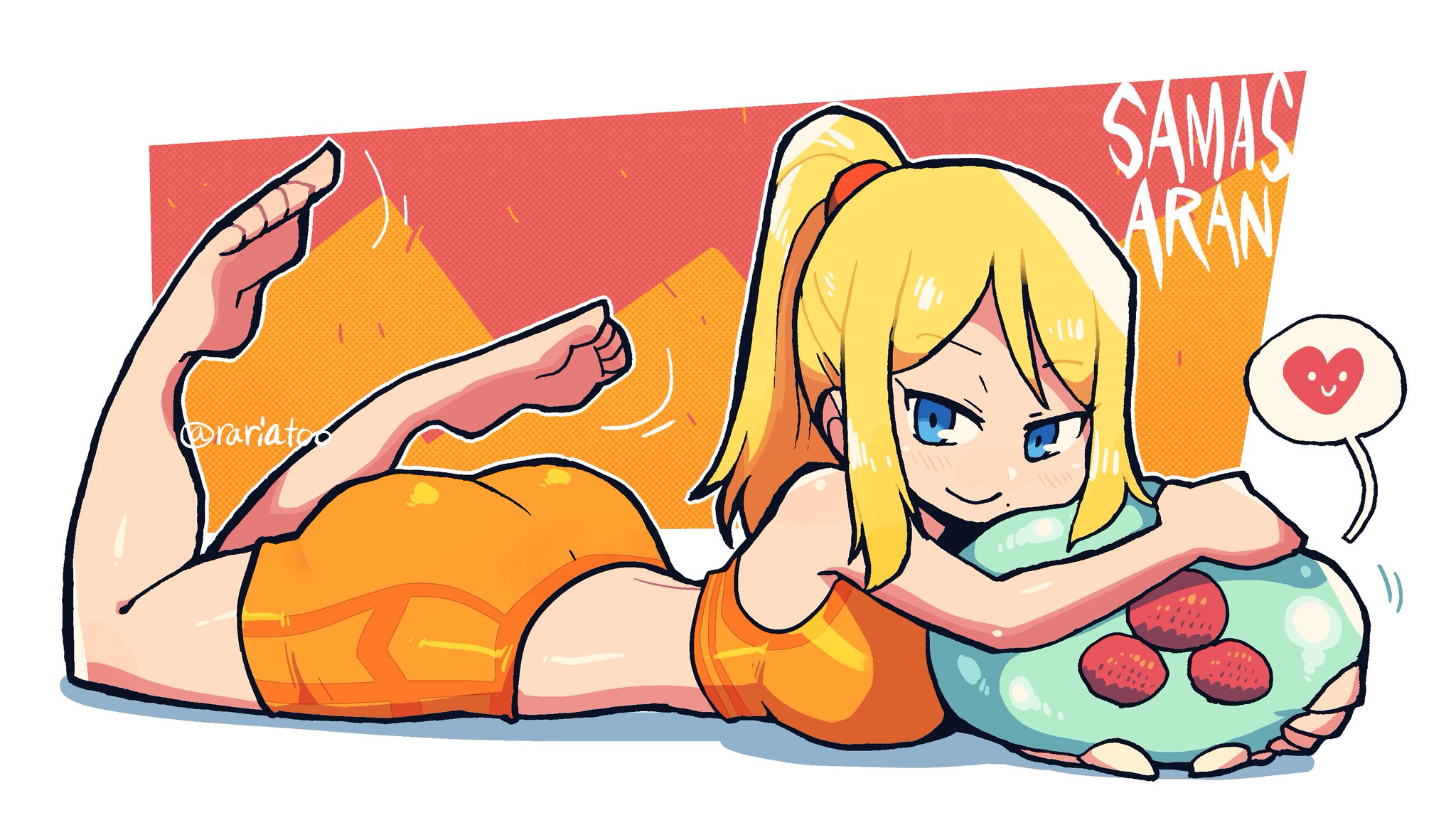 2021, alternate version at source, alternate version available, blonde hair, blue eyes, breasts, casual outfit (metroid), crap-man, female, gym clothes, heart, looking at viewer, lying on breasts, lying on stomach, metroid, metroid (creature), nintendo, ponytail, samus aran, smile, smiling, smiling at viewer, speech bubble