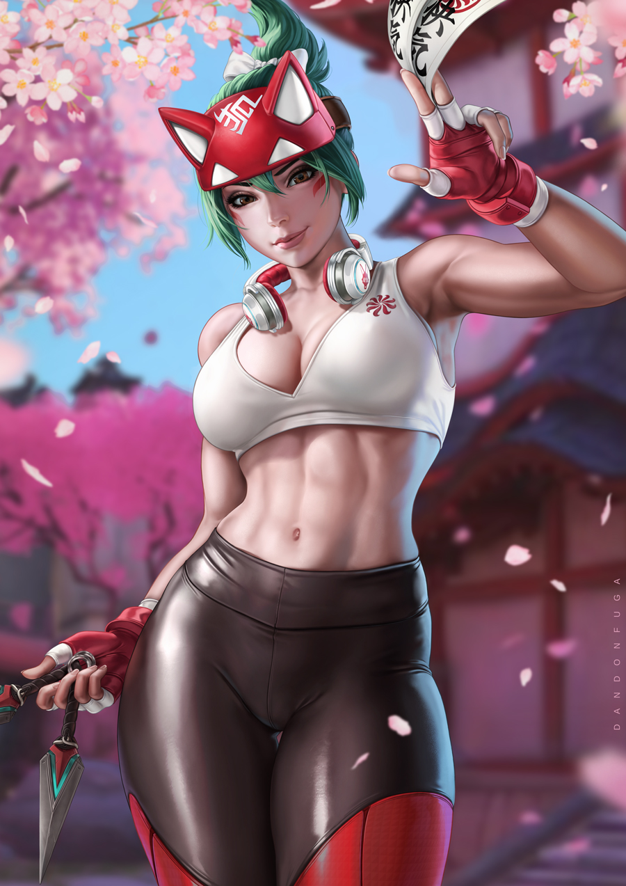 2d abs bare_midriff belly_button blizzard_entertainment brown_eyes dandon_fuga fingerless_gloves green_hair headband headphones_around_neck kiriko_(overwatch) kunai leggings looking_at_viewer looking_down mascular_female overwatch overwatch_2 rose_petals smirking sports_bra