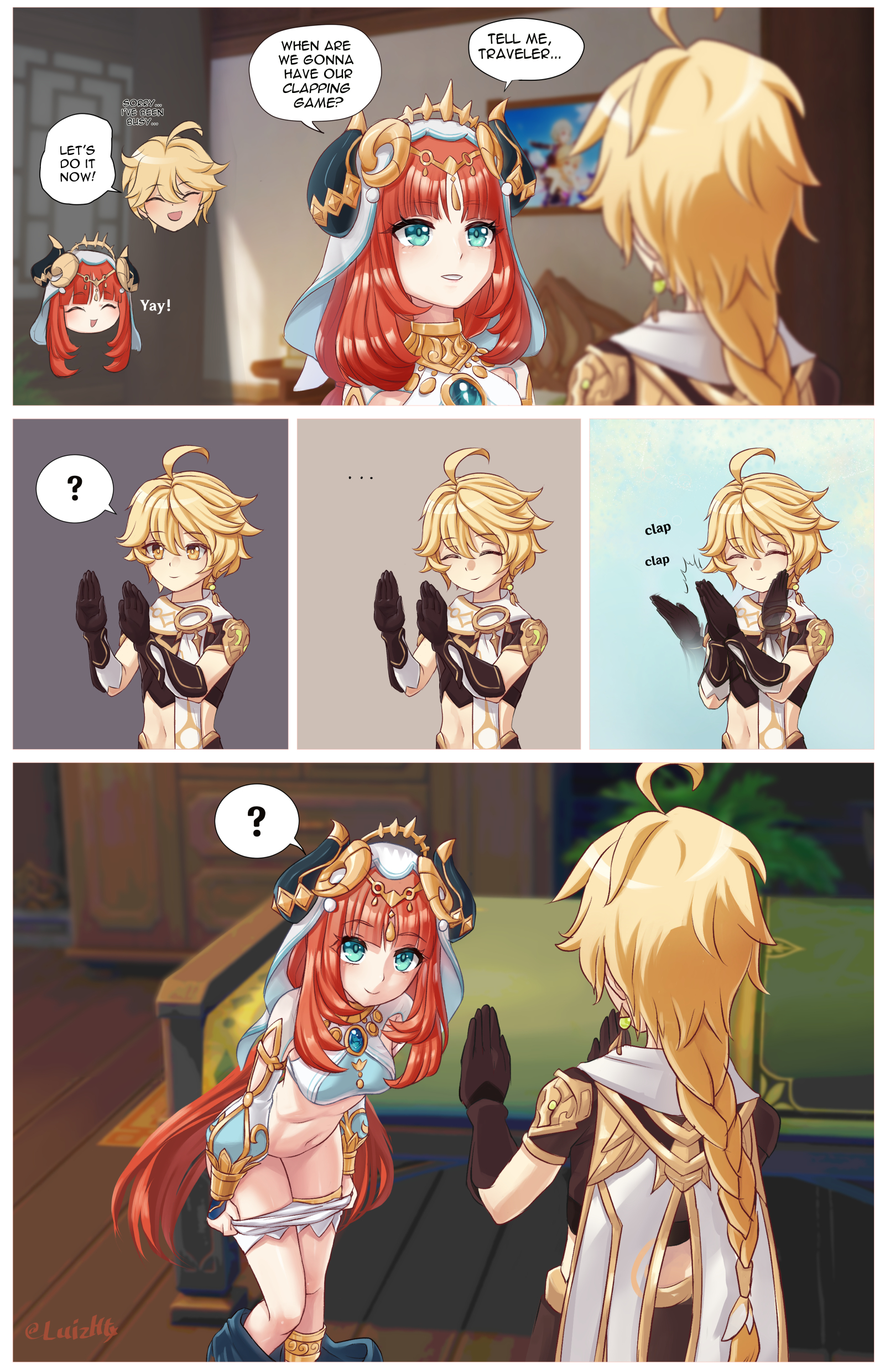 :d, ?, 1boy, 1girls, 3d background, absurdres, aether (genshin impact), bangs, bed, blonde hair, blunt bangs, blurry, cameo, choker, clapping, comic, depth of field, english text, fake horns, female, funny, genshin impact, green eyes, hair between eyes, headpiece, highres, horns, humor, light skin, light-skinned female, light-skinned male, long hair, long sleeves, low ponytail, low twintails, luizhtx, male, misunderstanding, navel, nilou (genshin impact), photo (object), red hair, right to left, short sleeves, sidelocks, smile, spoken question mark, stomach, twintails, undressing, veil, yellow eyes