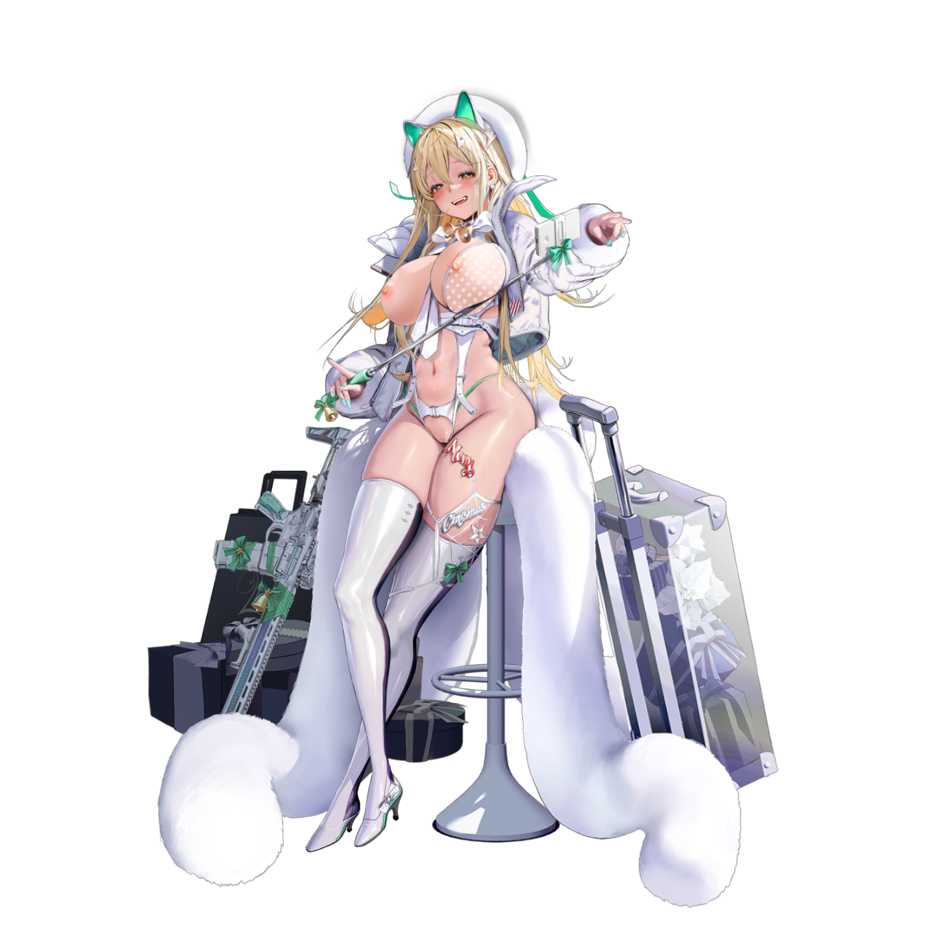 1girls, alternate costume, bangs, bell, big breasts, blackcat0233, blonde hair, blush, breasts, breasts out, cellphone, christmas, edit, fake animal ears, female, female only, full body, fur trim, fur-trimmed sleeves, goddess of victory: nikke, green eyes, gun, gyaru, hair between eyes, hair ornament, high heels, long hair, looking at viewer, nail polish, navel, nipples, nude filter, open jacket, open mouth, png, pussy, rupee (nikke), rupee (winter shopper) (nikke), selfie stick, skindentation, solo, thick thighs, thighs, transparent background