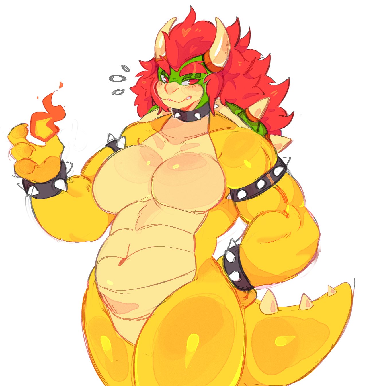 1girls anthro anthro_only blush bowser breasts buff female female_bowser female_only fire genderswap genderswap_(mtf) hanaarts hand_on_hip hi_res horns long_hair looking_at_viewer mario_(series) muscular muscular_female narrowed_eyes nintendo no_nipples red_eyes red_hair rule_63 simple_background solo spiked_armlet spiked_bracelet spiked_collar spiked_shell standing tail thick_thighs white_background