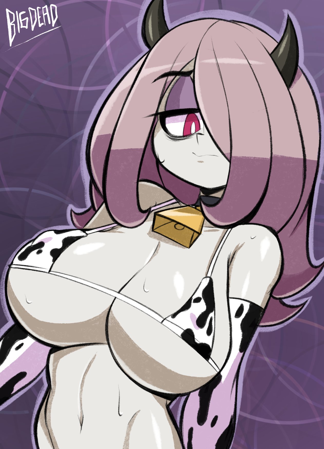 1girls alternate_breast_size bigdeadalive bikini breasts cow_armgloves cow_armwear cow_bikini cow_horns cow_print cowbell eye_bags huge_breasts little_witch_academia nipples_visible_through_bikini nipples_visible_through_bra nipples_visible_through_clothing pale_skin pink_hair red_eyes solo sucy_manbavaran upper_body