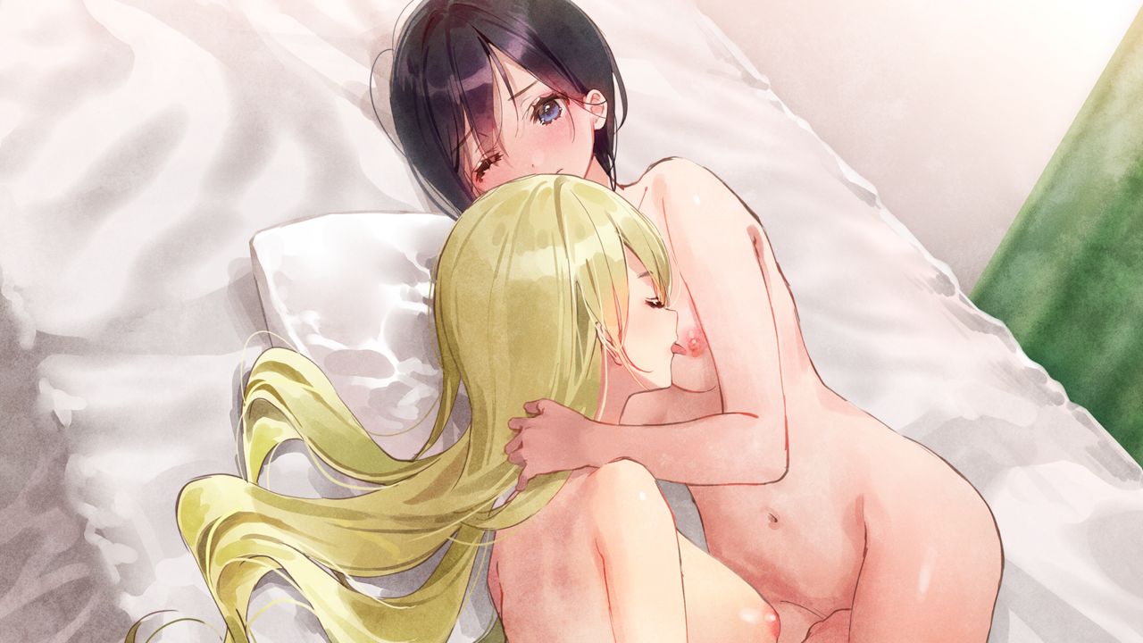 2girls bed black_hair blonde_hair blue_eyes breasts closed_eyes closed_mouth couple dsmile fingering furutachi_ren game_cg hayahoshi_akuru large_breasts licking licking_nipple long_hair lying medium_breasts multiple_girls navel on_bed on_side one_eye_closed oshi_no_love_yori_koi_no_love pillow shiny shiny_hair shiny_skin short_hair straight_hair tongue tongue_out very_long_hair yuri