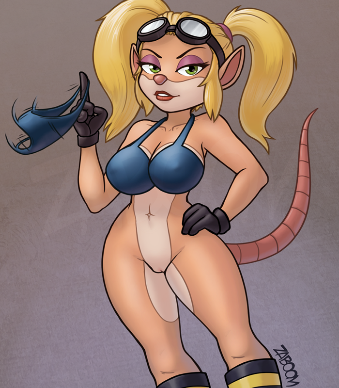 activision anthro blonde_hair blue_clothing blue_panties blue_underwear boots bottomless breasts clothed clothing crash_(series) crash_team_racing_(series) crash_team_racing_nitro-fueled eyewear female footwear genitals gloves goggles hair handwear lips lipstick long_hair makeup panties pasadena_o'possum pussy smile solo thick_thighs twirling_panties underwear video_games zaboom