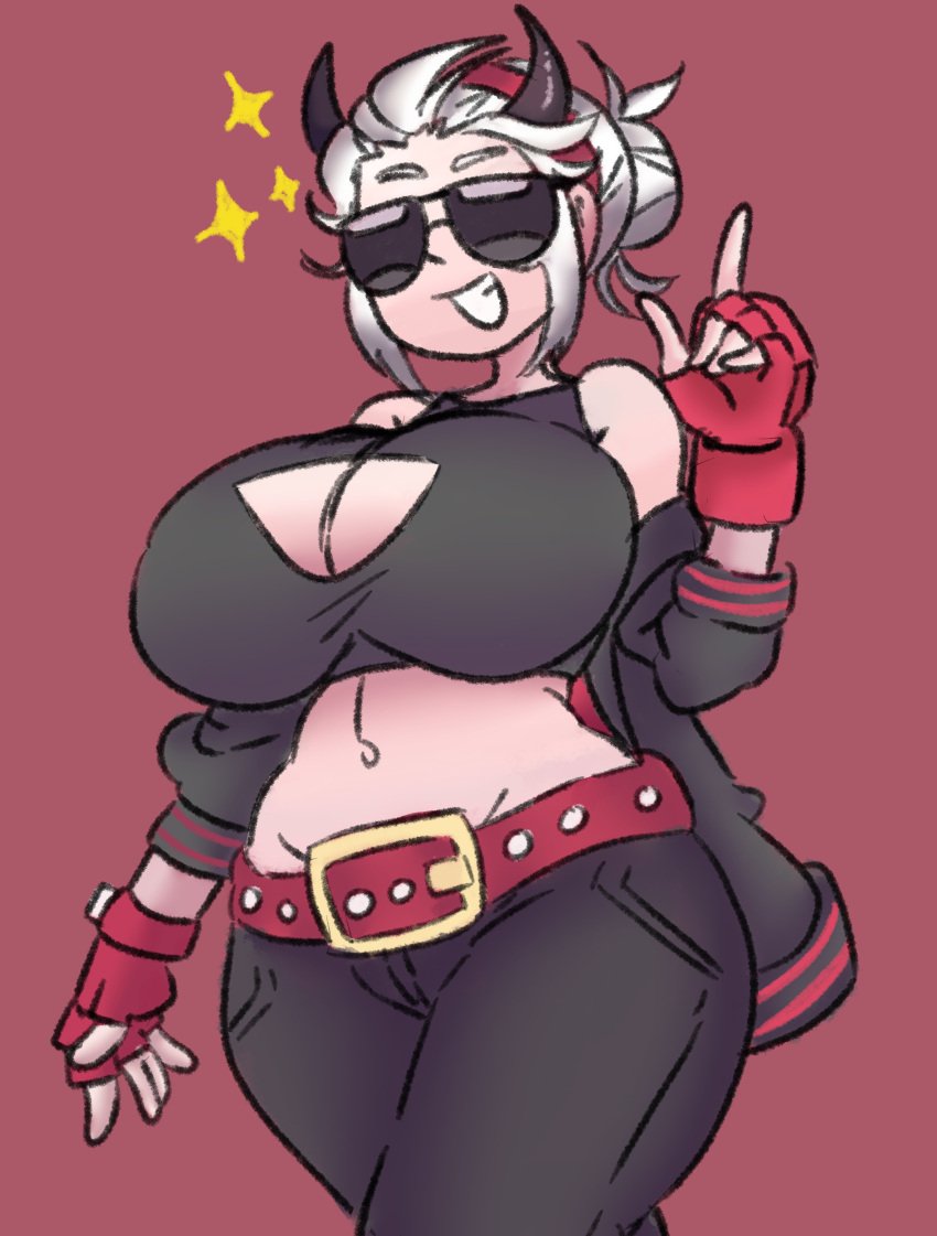 big breasts, blind, boob window, breasts, curvy, female, glasses, helltaker, huge breasts, inakotho, justice (helltaker), sunglasses, tagme, thick thighs, tinted eyewear