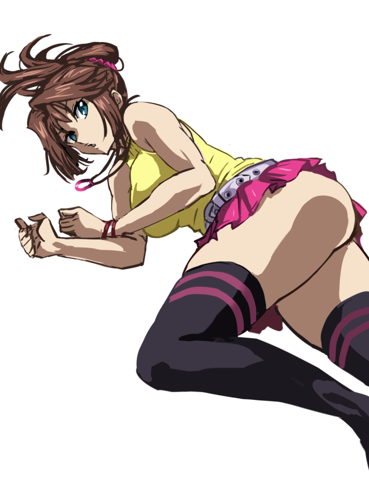 1girls, anzu mazaki, arm support, arm under breast, ass, blue eyes, breasts, brown hair, daraz18aka, female, female human, human, leg lift, light skin, light-skinned female, lying on side, mazaki anzu, necklace, ponytail, presenting ass, short hair, short skirt, slim waist, studded belt, tea gardner, tea gardner (yu-gi-oh! the dark side of dimensions), teenage female, teenager, thick thighs, thighhighs, white background, yu-gi-oh!, yu-gi-oh! the dark side of dimensions