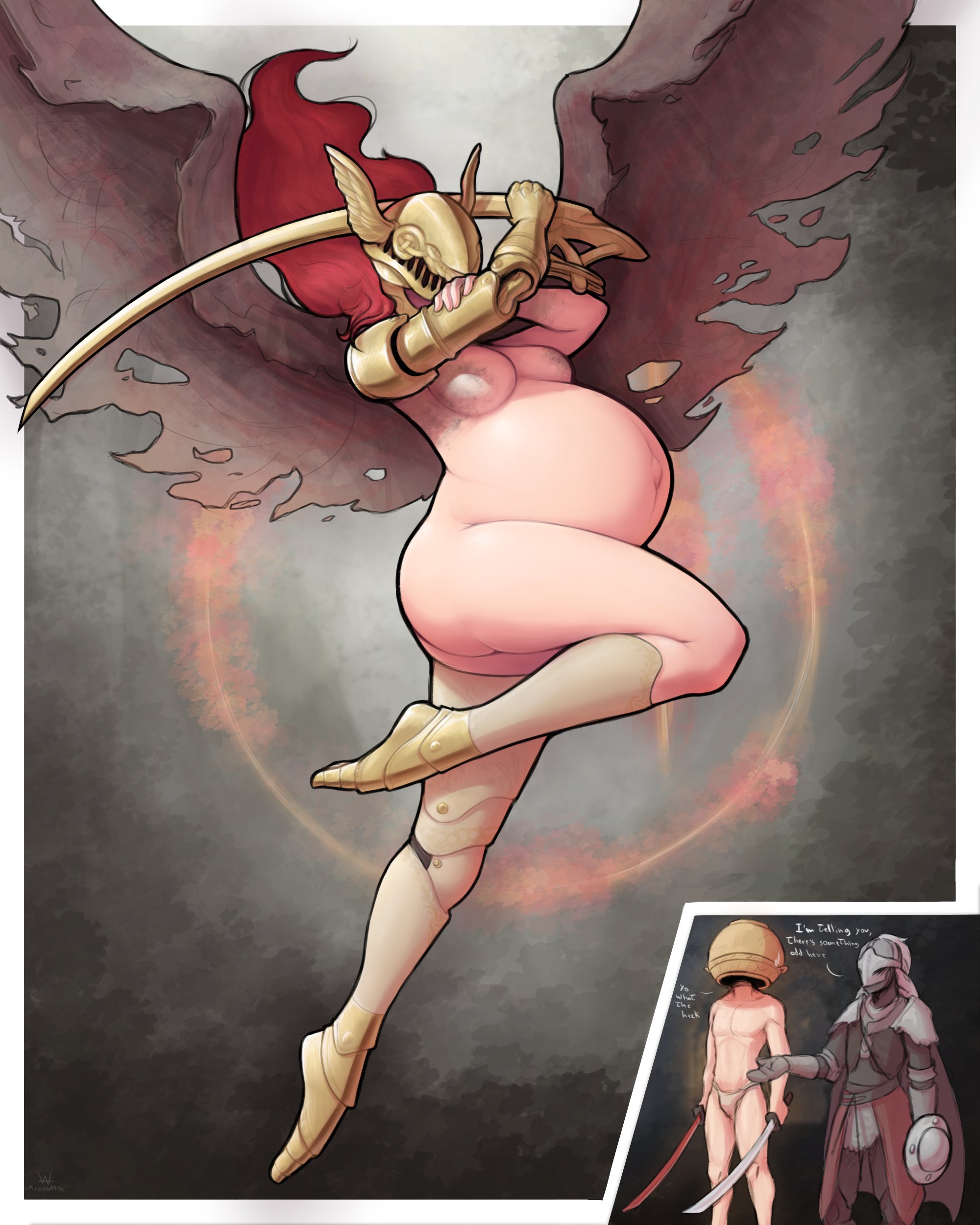 1girls, arawaffle, armor, big breasts, breasts, elden ring, female, fromsoftware, helmet, large breasts, let me solo her, male, malenia blade of miquella, pregnant, redhead, solo focus, sword, tarnished, weapon, wings