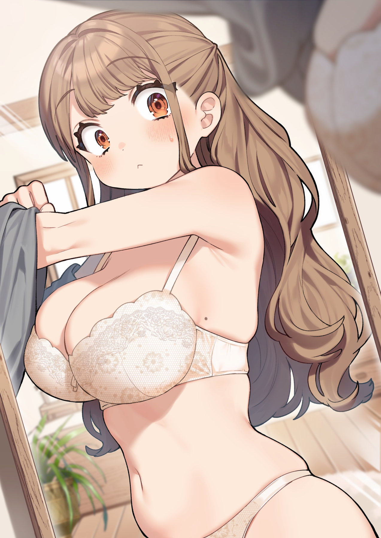 :<, 1girls, armpits, bangs, beauty mark, belly, big breasts, blurry, blurry foreground, blush, bra, breasts, brown hair, cleavage, closed mouth, clothed, female, highres, indoors, kodama's elder sister (sakura yuki), large breasts, light skin, light-skinned female, long hair, looking at mirror, mirror, mole, mole on breast, narrowed eyes, navel, orange eyes, original, panties, plant, plump, potted plant, reflection, sakura yuki (clochette), solo, stomach, sweat, underwear, undressing, white bra, white panties, window
