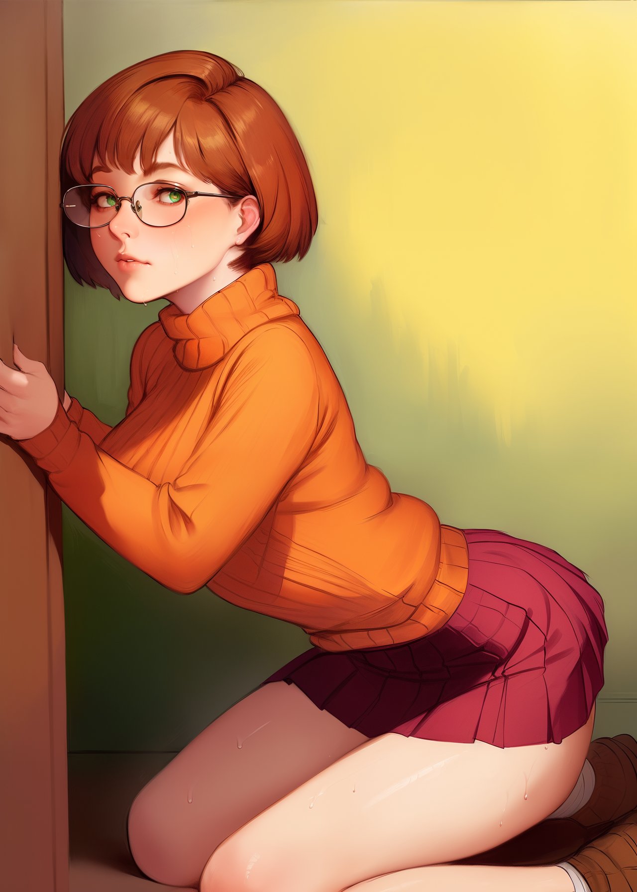 1girls, ai generated, big breasts, breasts, eyeai, female, female only, glasses, green eyes, human, kneeling, large breasts, legs, nai diffusion, scooby-doo, short hair, skirt, solo, stable diffusion, sweat, velma dinkley