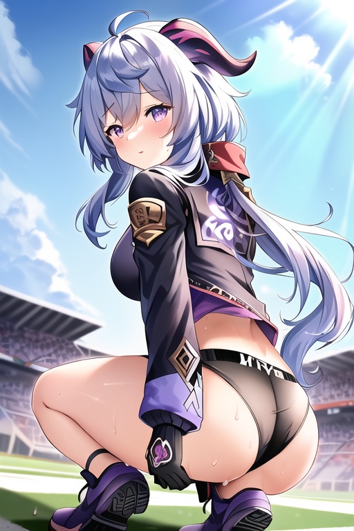 ahoge, ai generated, alternate costume, ass, ass grab, blue hair, blush, breasts, crouching, deep skin, embarrassed, female, from behind, ganyu (genshin impact), genshin impact, goat horns, horns, large breasts, long hair, looking at viewer, looking back, nai diffusion, purple eyes, shiny, shiny clothes, shiny hair, shiny skin, shoes, short shorts, shorts, sideboob, smile, sneakers, socks, solo, stable diffusion, sweat, track jacket
