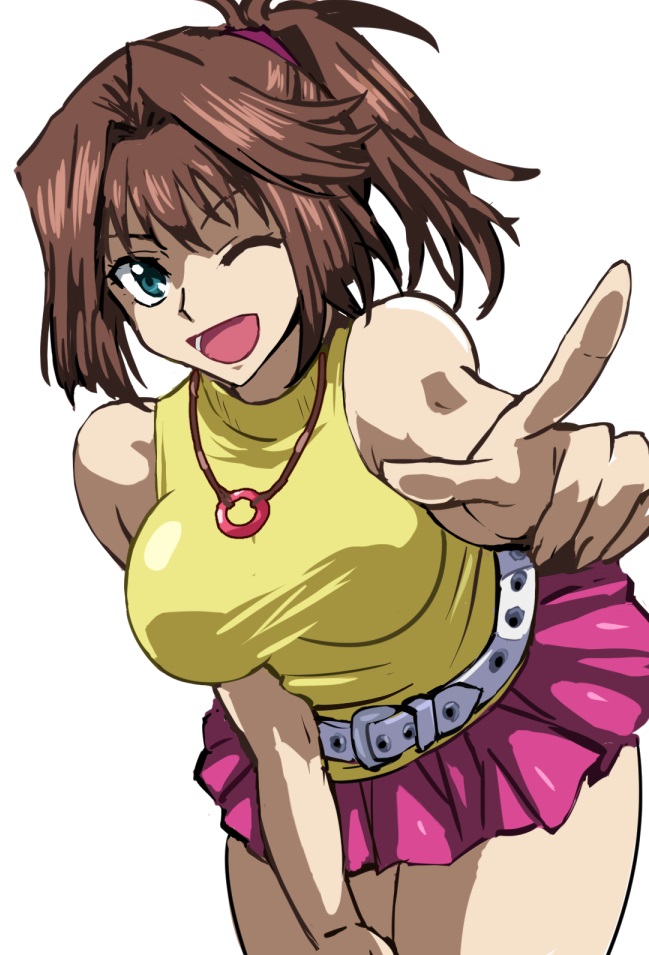 1girls, anzu mazaki, bent over, big breasts, blue eyes, breasts, brown hair, daraz18aka, female, female human, hanging breasts, human, light skin, light-skinned female, mazaki anzu, necklace, open smile, pointing at viewer, ponytail, short hair, short skirt, skirt, studded belt, tea gardner, tea gardner (yu-gi-oh! the dark side of dimensions), thick thighs, tight clothing, white background, wink, yu-gi-oh!, yu-gi-oh! the dark side of dimensions