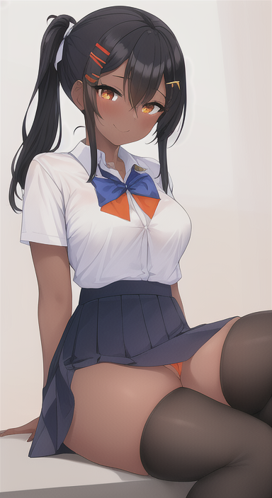 1girls ai_generated anything_diffusion black_hair brown_eyes clothed clothing female_focus female_only hayase_nagatoro legwear long_hair looking_at_viewer medium_hair orange_eyes please_don't_bully_me,_nagatoro ponytail revealing_clothes ribbon school_uniform schoolgirl sitting skirt smile solo stockings tanned thick_thighs thighhighs thighs tied_hair upskirt