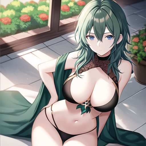 ai generated, alternate costume, bikini, black bikini, black swimsuit, breasts, byleth (fire emblem), byleth (fire emblem) (female), denselance, female, female only, fire emblem, fire emblem: three houses, nai diffusion, nintendo, outdoors, solo, stable diffusion, swimsuit