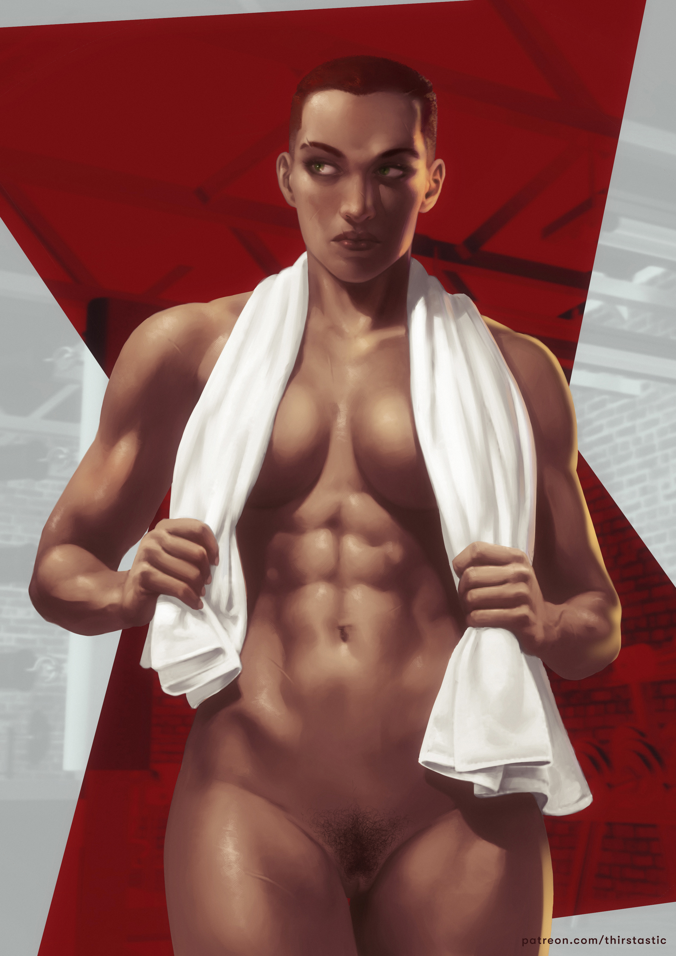1girls, abs, black widow (marvel), breasts, dima ivanov, female, female only, human, human only, marvel, marvel comics, medium breasts, muscular, muscular female, nude, pubes, short hair, standing, towel, towel only