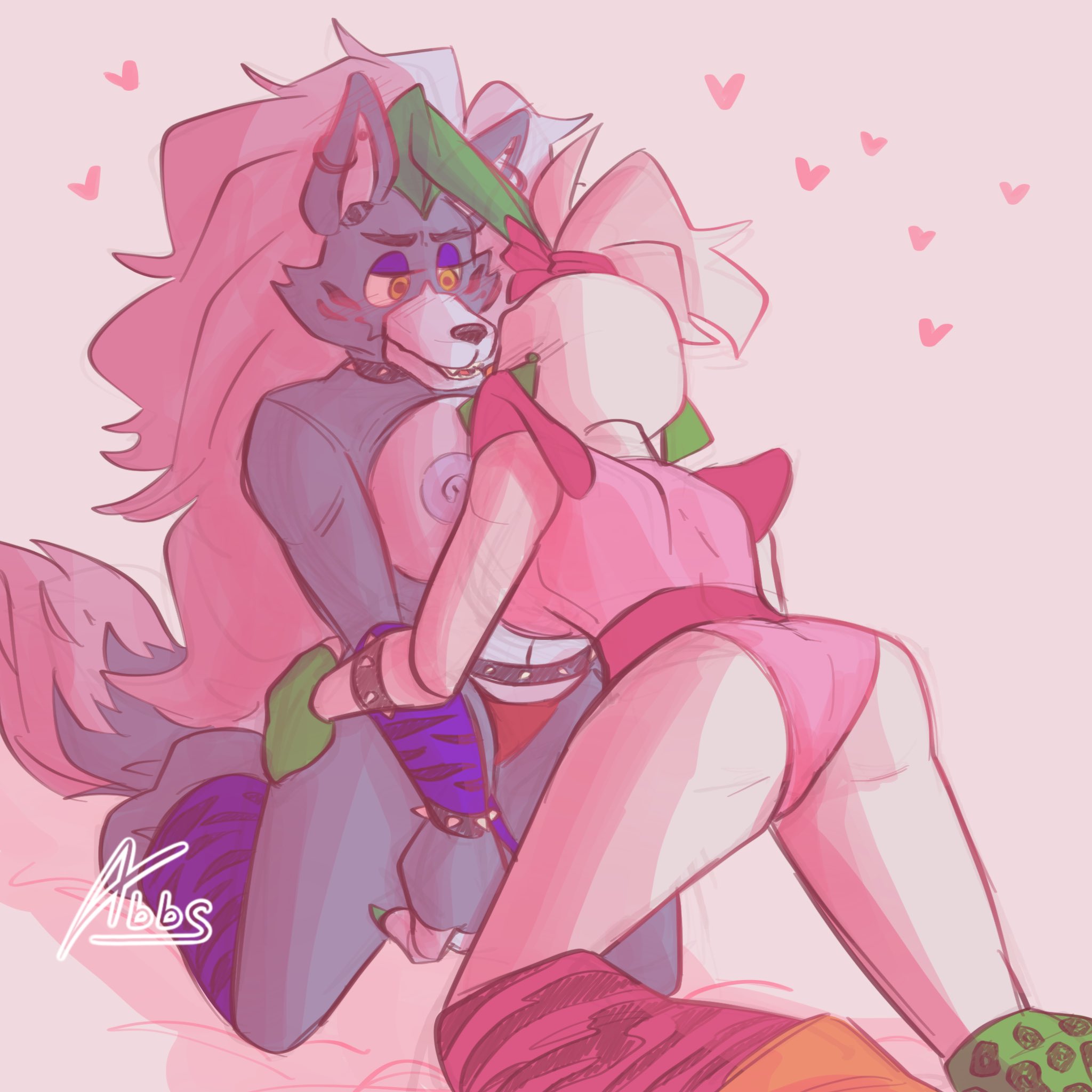 2023, 2girls, abbs, anthro, anthro focus, anthro on anthro, anthro only, anthrofied, areola, areolae, armwear, ass, avian, avian humanoid, black body, blush, blush lines, bow, bow in hair, bracelet, bracelets, breasts, breasts out, canid, canine, canine humanoid, canis, chicken, chicken girl, claws, clothed, clothed female, clothing, digital drawing (artwork), digital media (artwork), duo, duo focus, ear piercing, ear ring, earrings, eye contact, feather hair, female, female anthro, female focus, female only, female/female, finger claws, five nights at freddy's, five nights at freddy's: security breach, furry, furry female, furry only, furry tail, glamrock chica (fnaf), hair, half-closed eyes, heart, heart reaction, hug, hugging, kneeling, lesbian couple, long hair, looking at another, looking at partner, mostly nude, partially clothed, partially clothed female, pierced ears, piercing, piercings, romantic, romantic ambiance, romantic couple, roxanne wolf (fnaf), roxica (fnaf), roxyxchica, scottgames, shoulder pads, simple background, spiked bracelet, steel wool studios, tail, tight fit, watermark, wholesome, wolf, yuri