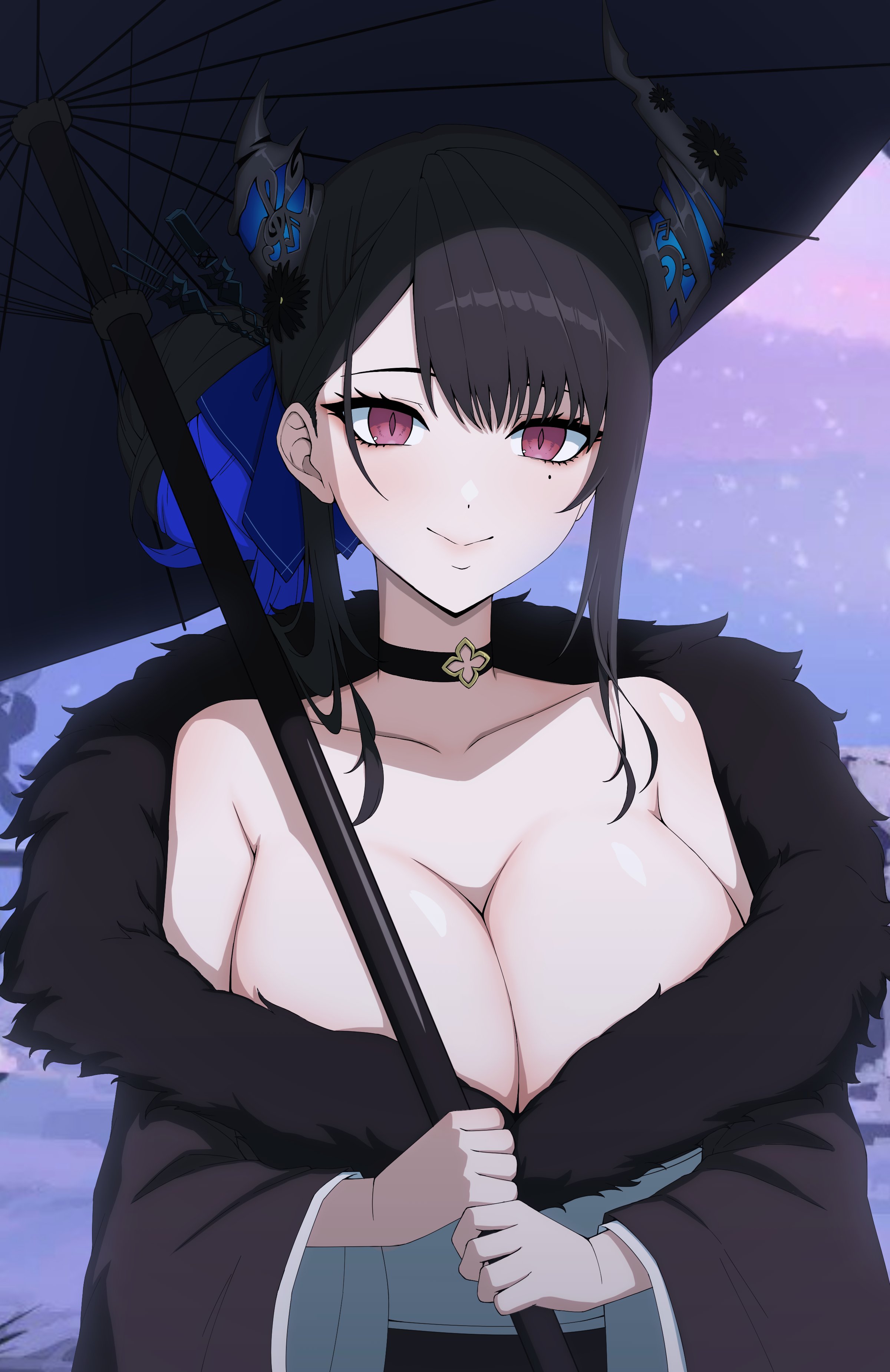 1girls, big breasts, breasts, cleavage, cute, dayyo (daydarion/day-chan), female, female focus, female only, fur coat, fur trim, hololive, hololive english, hololive english -advent-, large breasts, light skin, light-skinned female, multicolored hair, nerissa ravencroft, red eyes, smiling, solo, virtual youtuber