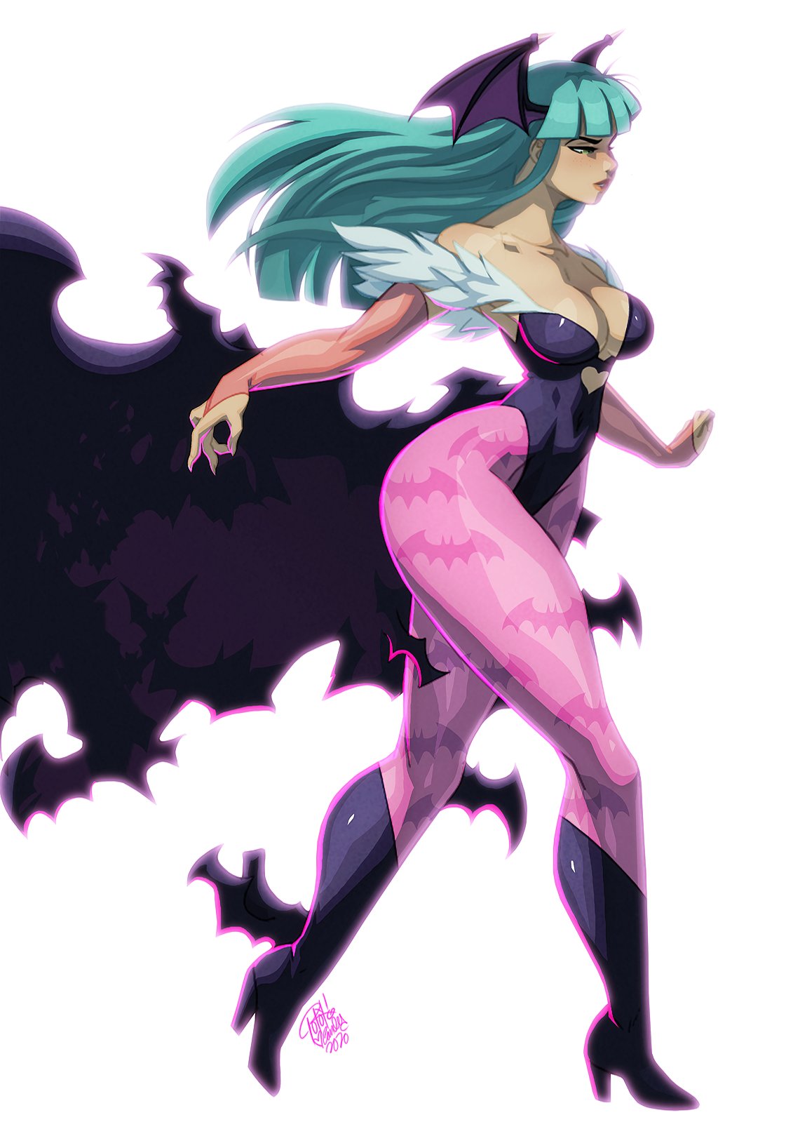 1girls 2023 bat_print capcom clothing darkstalkers female female_only full_body gauntlets green_eyes green_hair head_wings heel_boots hi_res leotard long_hair medium_breasts morrigan_aensland narrowed_eyes pantyhose pink_pantyhose side_view solo succubus succubus_wings thick_thighs tovio_rogers white_background wings