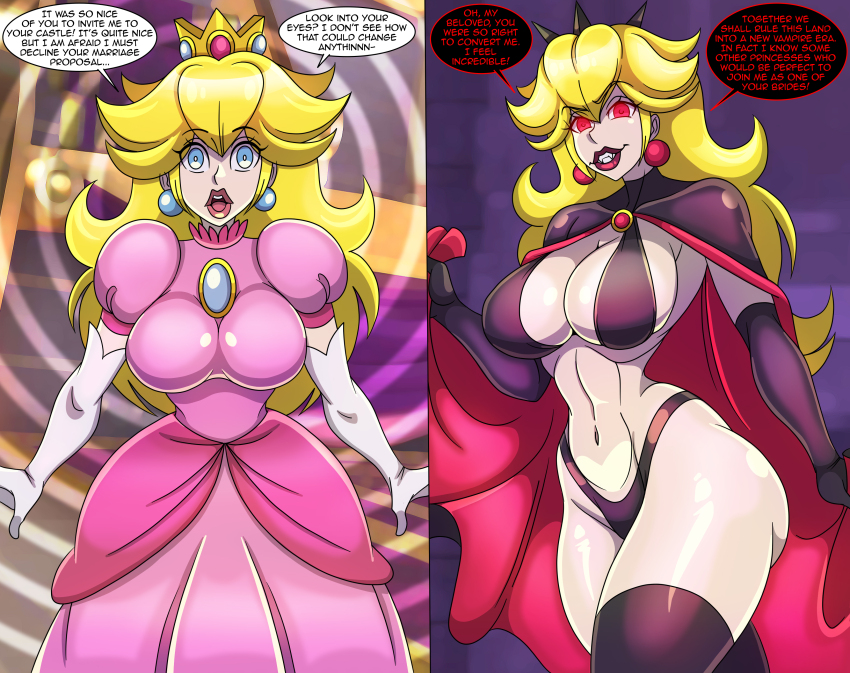 2koma bimbofication blonde_hair breasts cleavage clothed clothing comic corruption dress english_text long_hair mario_(series) mind_control personality_change pink_dress princess_peach red_eyes speech_bubble spiral text transformation vampire zorro-zero