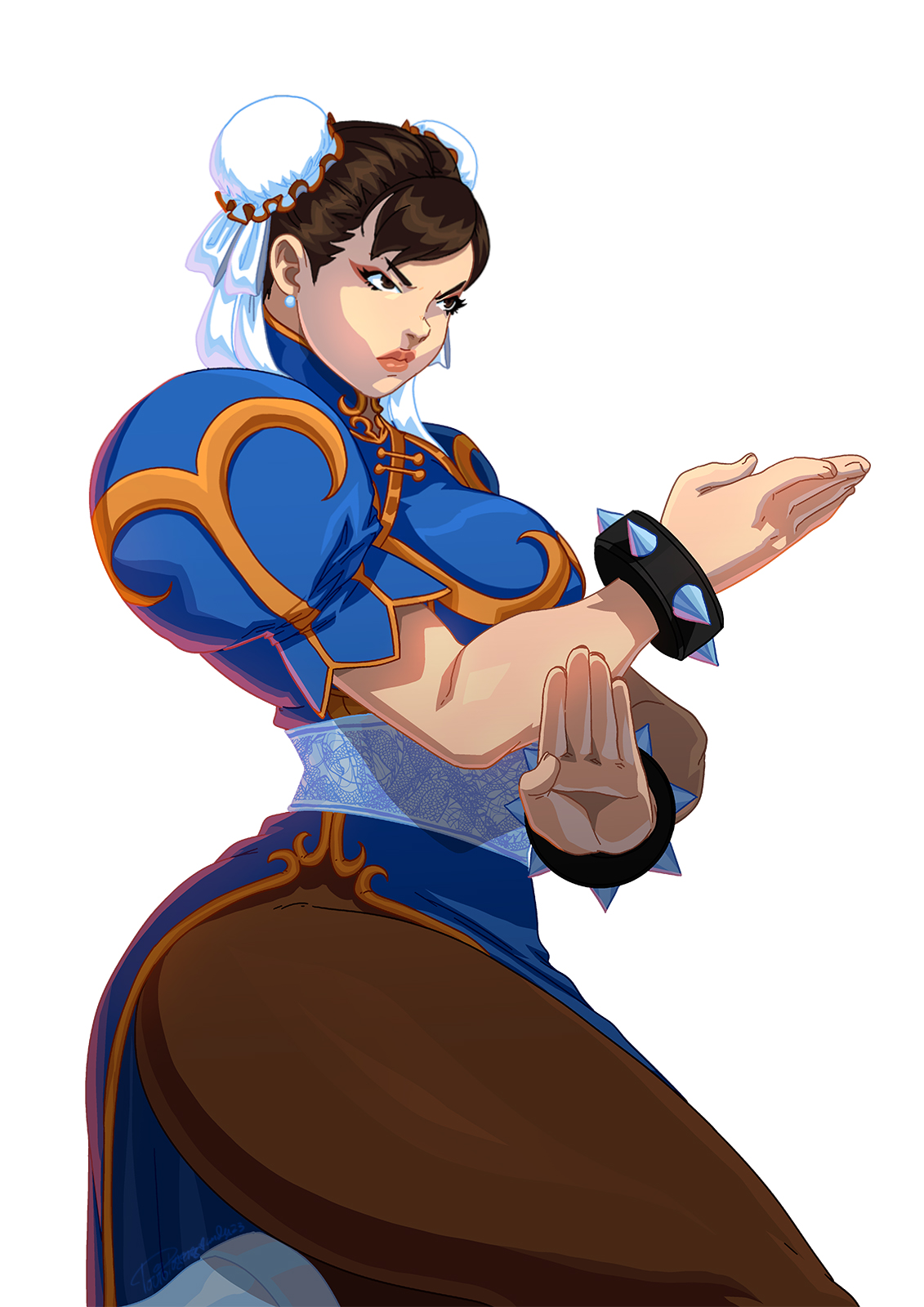 1girls, 2023, 2d, angry, asian, asian female, brown hair, capcom, chinese clothes, chun-li, female, female only, fighting stance, fully clothed, hi res, no penetration, no sex, pantyhose, pose, solo, solo female, spiked bracelet, street fighter, thick thighs, tovio rogers, twin buns, white background
