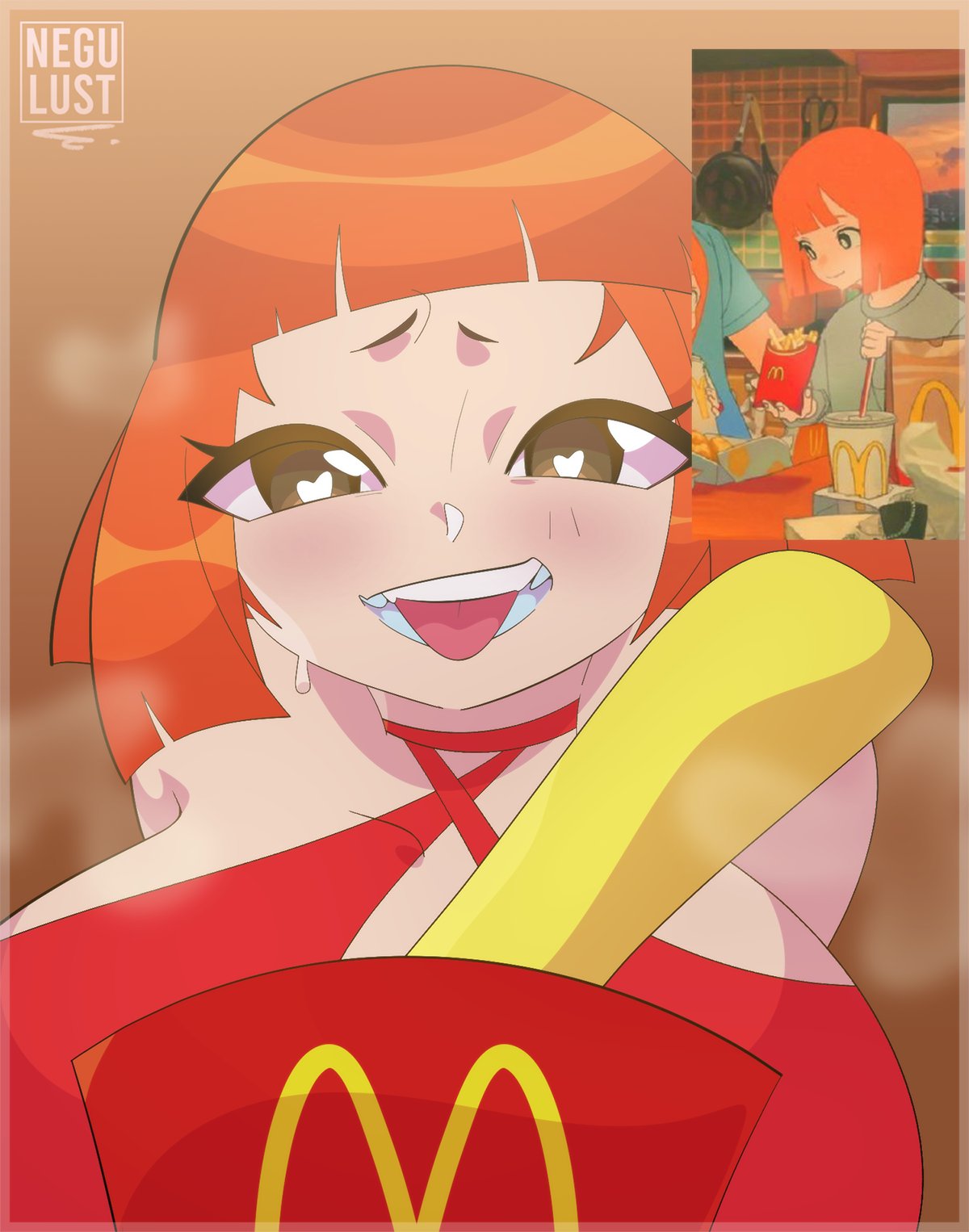 1girls big_breasts eyebrows female female_only food frie heart-shaped_pupils large_breasts mcdonald's milf mom_(japanese_mcdonald's_commercial) negullust open_mouth red_hair solo solo_female solo_focus yoru_mac