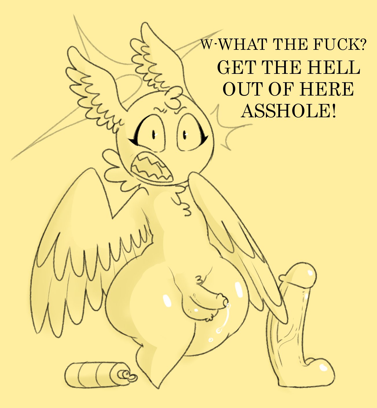 2d angel angry ass aubrey_(nylonheretic) ball_tuft balls big_ass blush bodily_fluids bottom_heavy caught cherub dialogue dildo erection femboy foreskin front_view genital_fluids genitals girly glans huge_ass humanoid_genitalia humanoid_penis light_yellow_background looking_at_viewer lube male male_only naked nude nylonheretic open_mouth penis pov pov_eye_contact precum precum_string sex_toy simple_background solo talking_to_viewer text thick_thighs uncut wide_hips wings yellow_background yellow_body yellow_fur