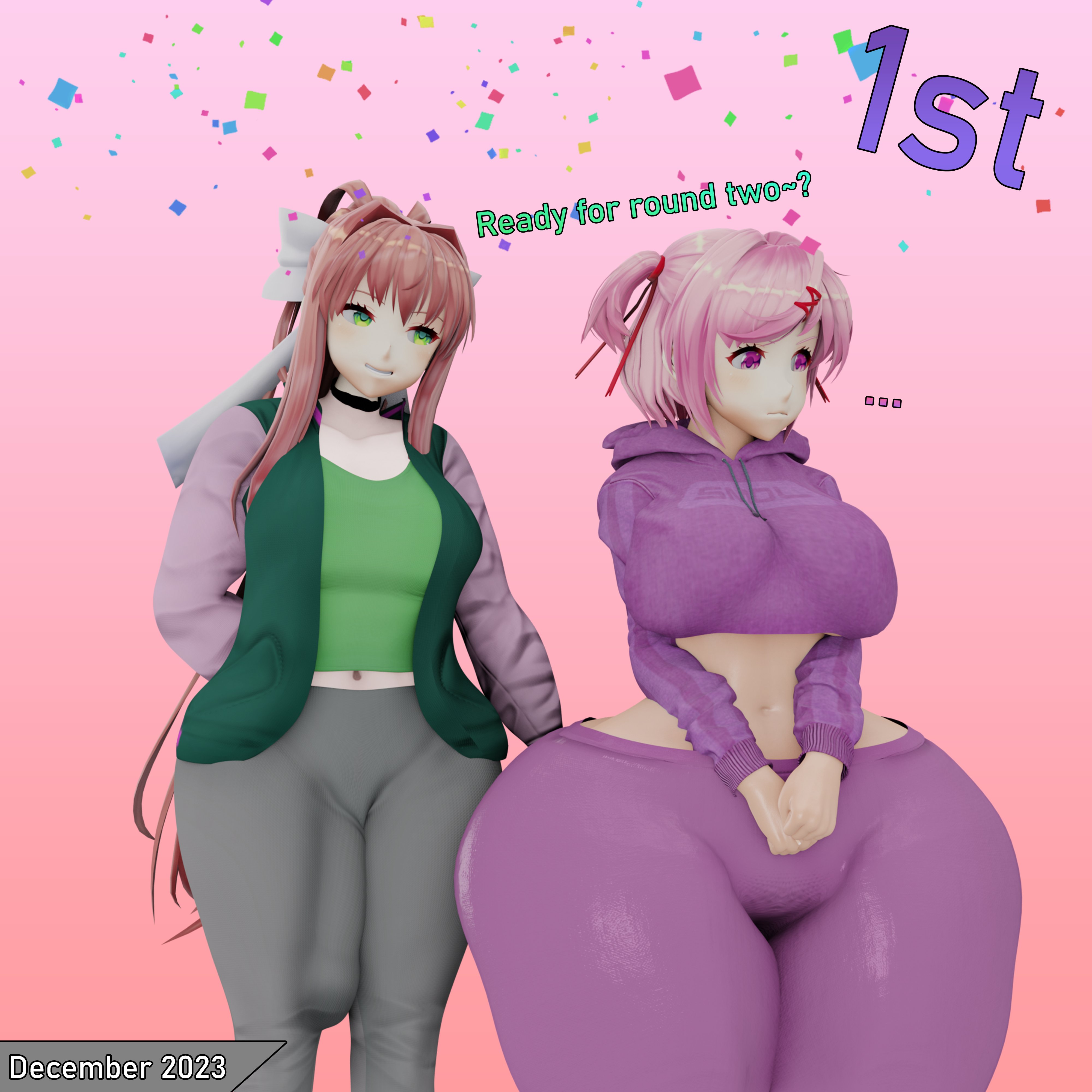 ..., 1futa, 1girls, 3d, 3d (artwork), ass, ass bigger than head, big ass, big breasts, big butt, big penis, breasts, brown hair, bulge, bulge down leg, bulge through clothing, caked up, clothing, dialogue, doki doki literature club, english text, erection, female, fully clothed, futanari, grabbing ass, green eyes, hair ornament, hair ribbon, huge ass, huge breasts, huge cock, imminent sex, intersex, leggings, looking away, monika (doki doki literature club), natsuki (doki doki literature club), penis, pink eyes, pink hair, ribbon, shortstack, smile, smiling, sonivvnsfw, tagme, text, thick thighs