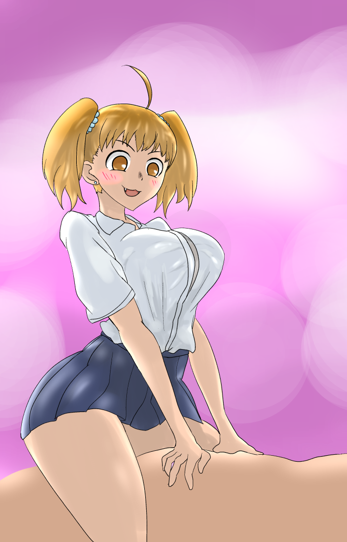 1boy 1girls big_breasts blonde_hair breasts brown_eyes bush clothed clothing cowgirl_position curvy fangs female hi_res highres medium_hair naoto_hachioji_(senpai) on_back open_mouth please_don't_bully_me,_nagatoro revealing_clothes simple_background skirt spread_legs twintails ufufuto wide_hips yoshi_(nagatoro)